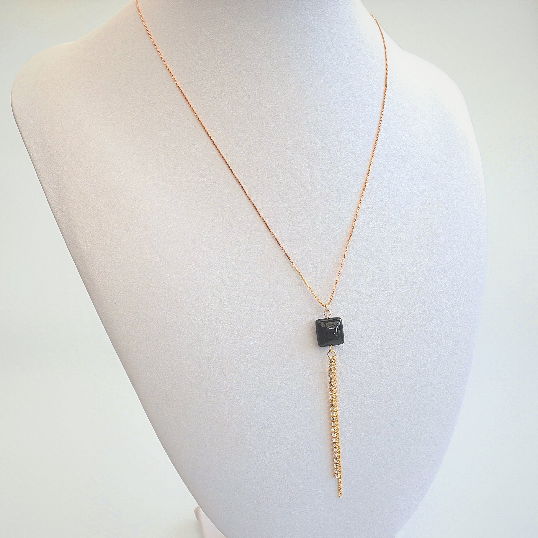 Yun Boutique Square Obsidian Tassel Necklace with Gold Sterling Silver Chain