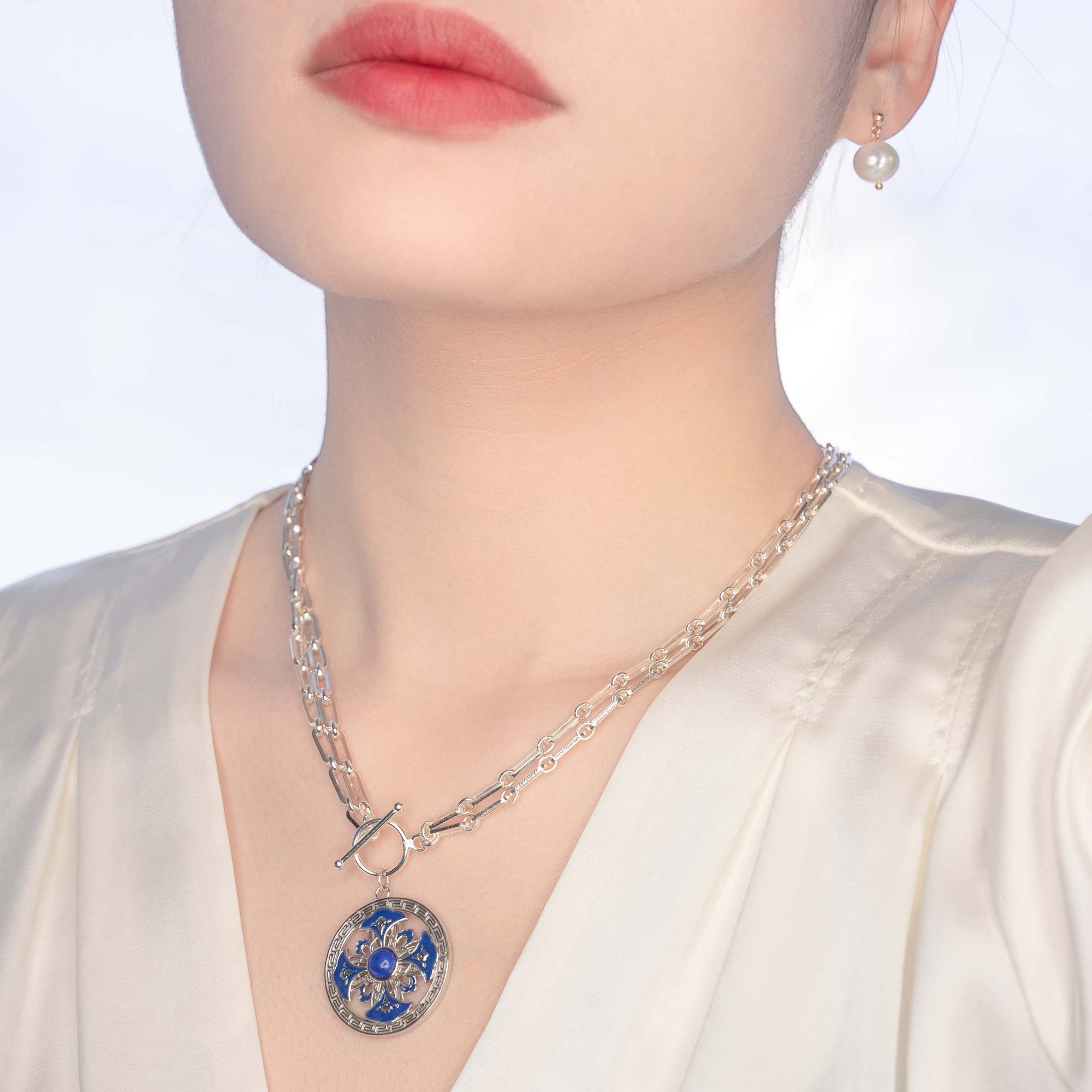 Auspicious Flower Enamel Pendant Necklace Silver Model - Yun Boutique