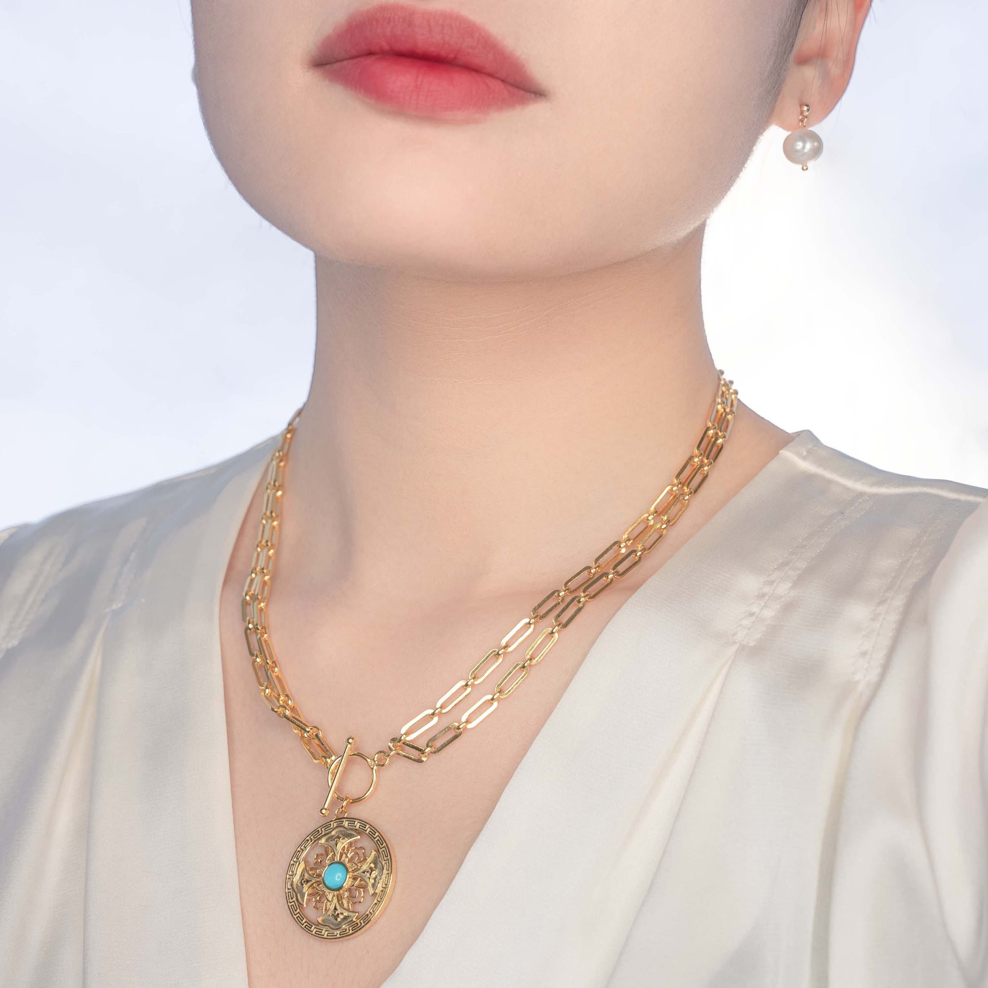 Auspicious Flower Turquoise Pendant Necklace - Yun Boutique