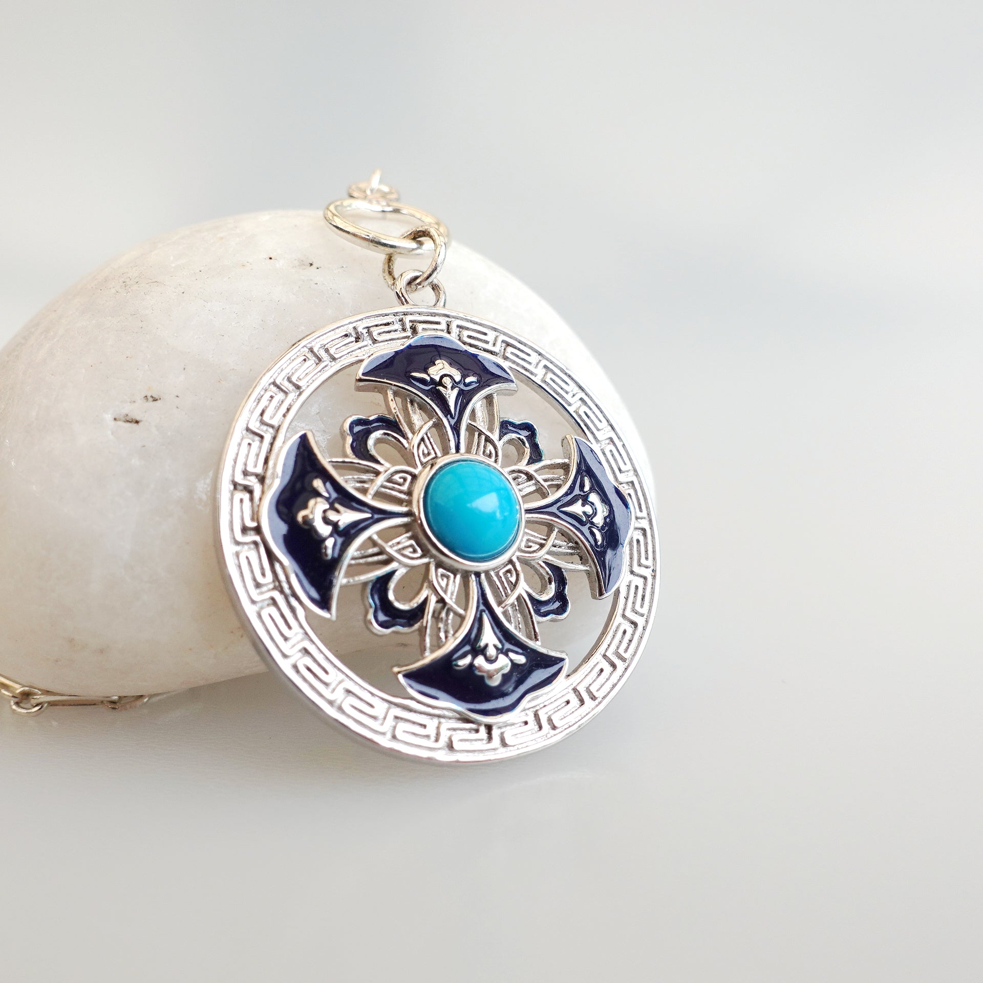 Auspicious Flower Enamel Pendant Necklace Silver - Yun Boutique