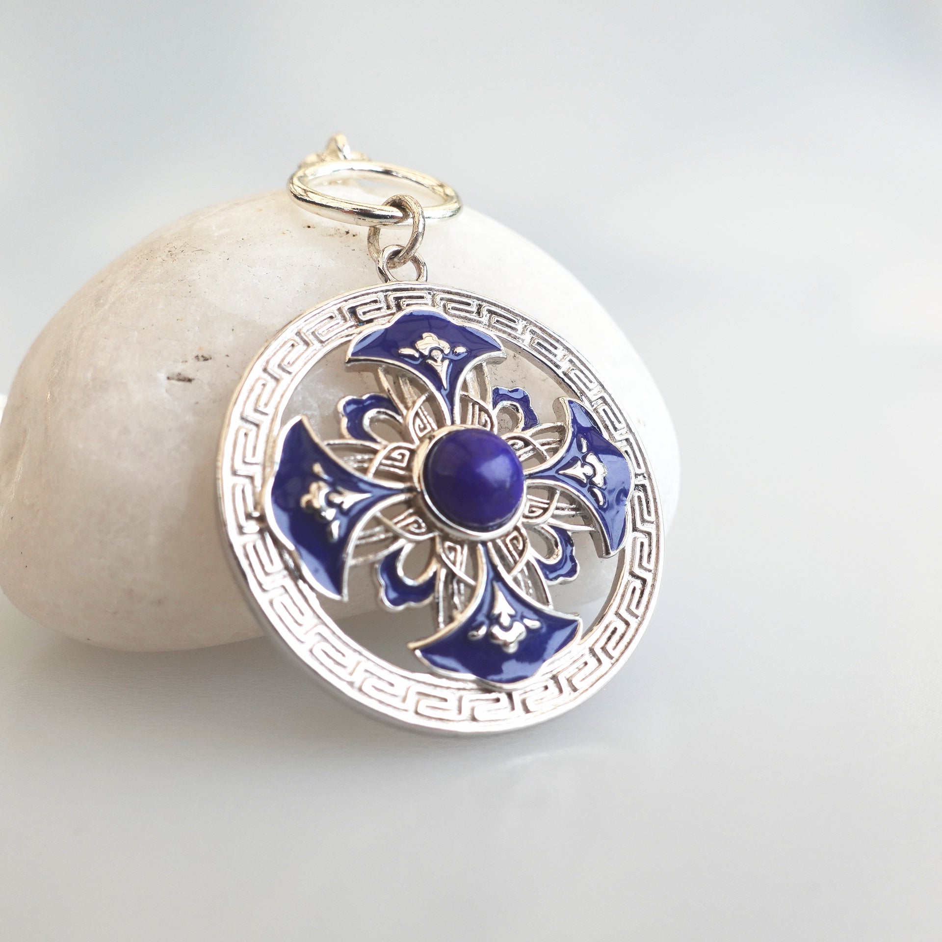 Auspicious Flower Enamel Pendant Necklace Silver - Yun Boutique