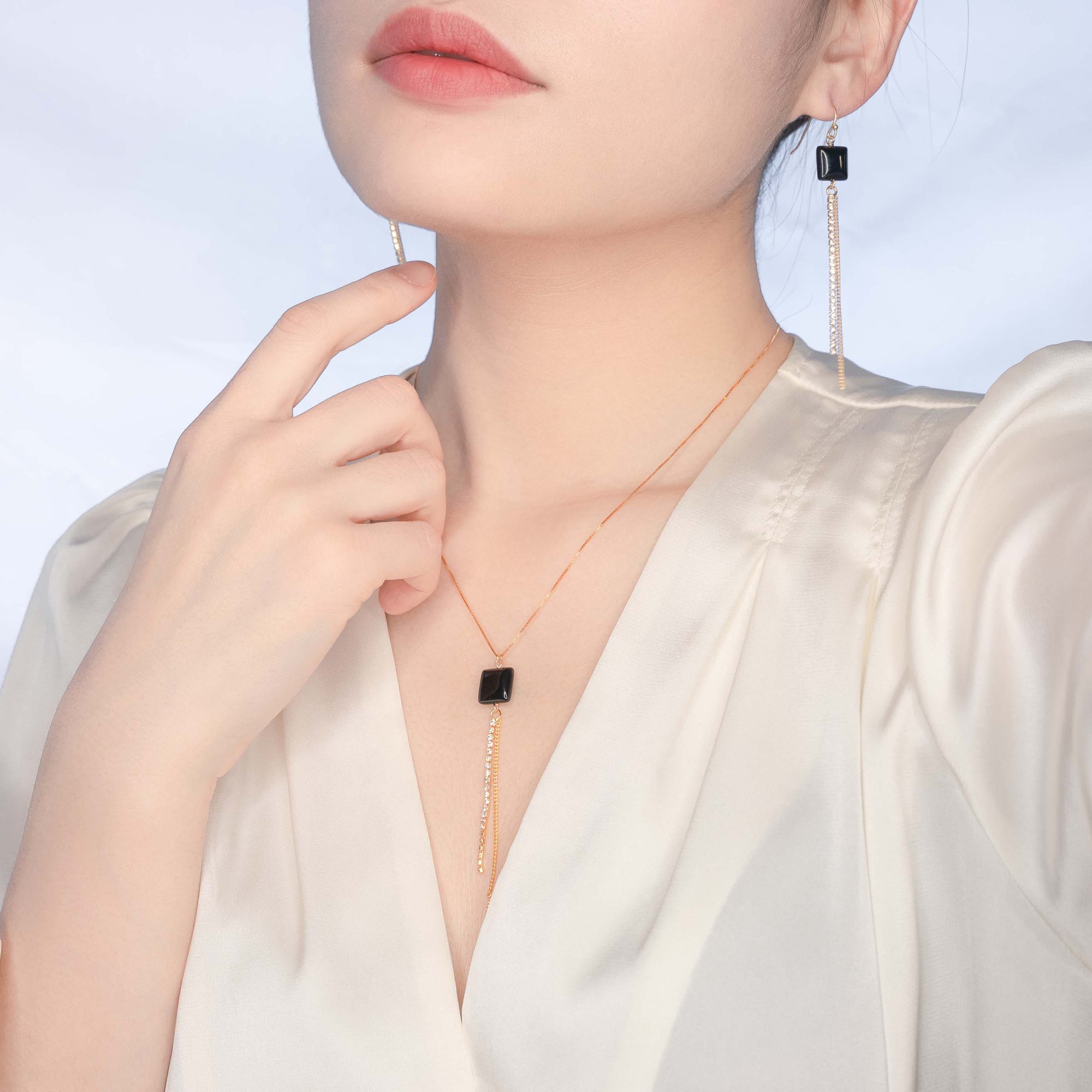 Yun Boutique Square Obsidian Jewelry Set in Gold Plated Sterling Silver