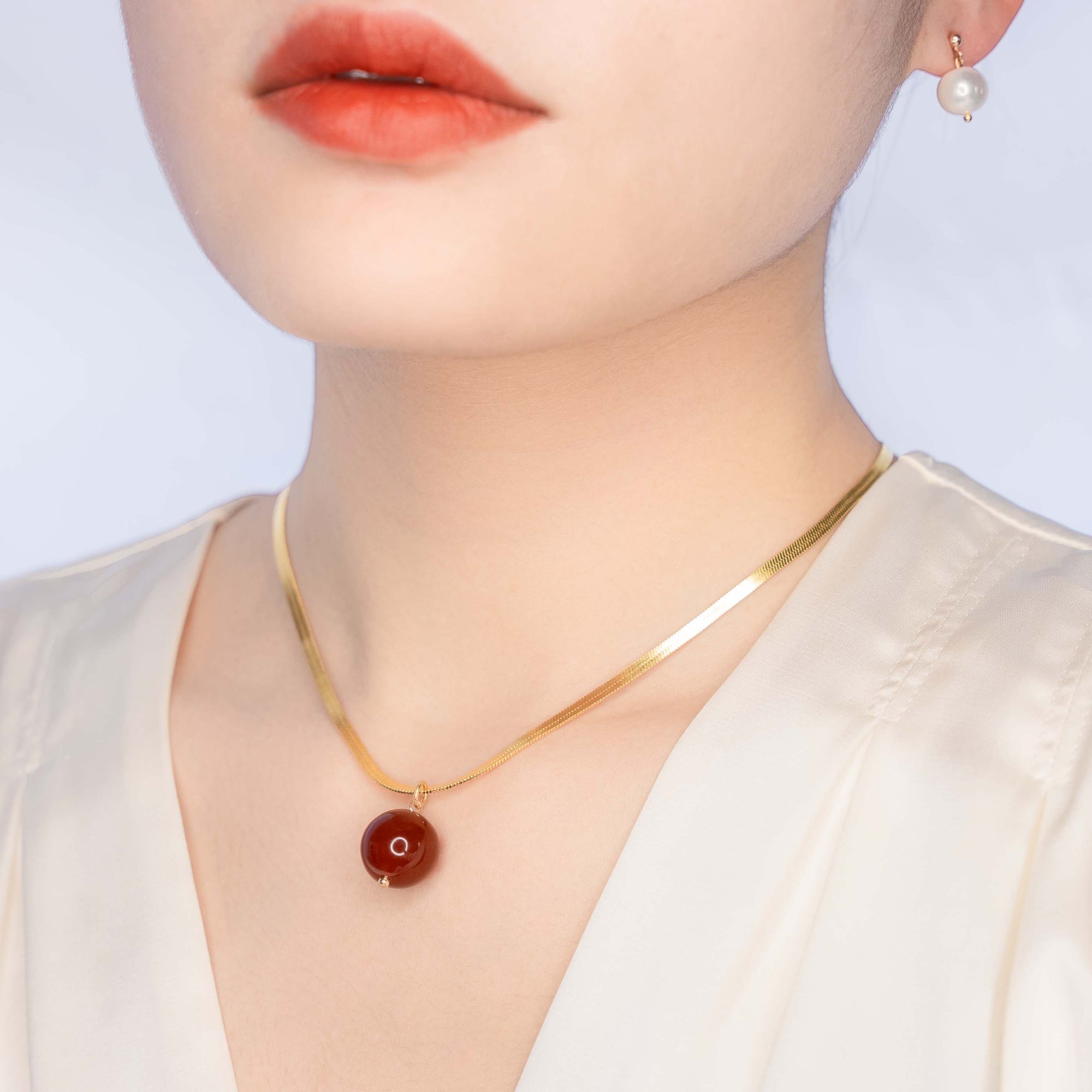 Large Carnelian Pendant Necklace with Gold Herringbone Chain