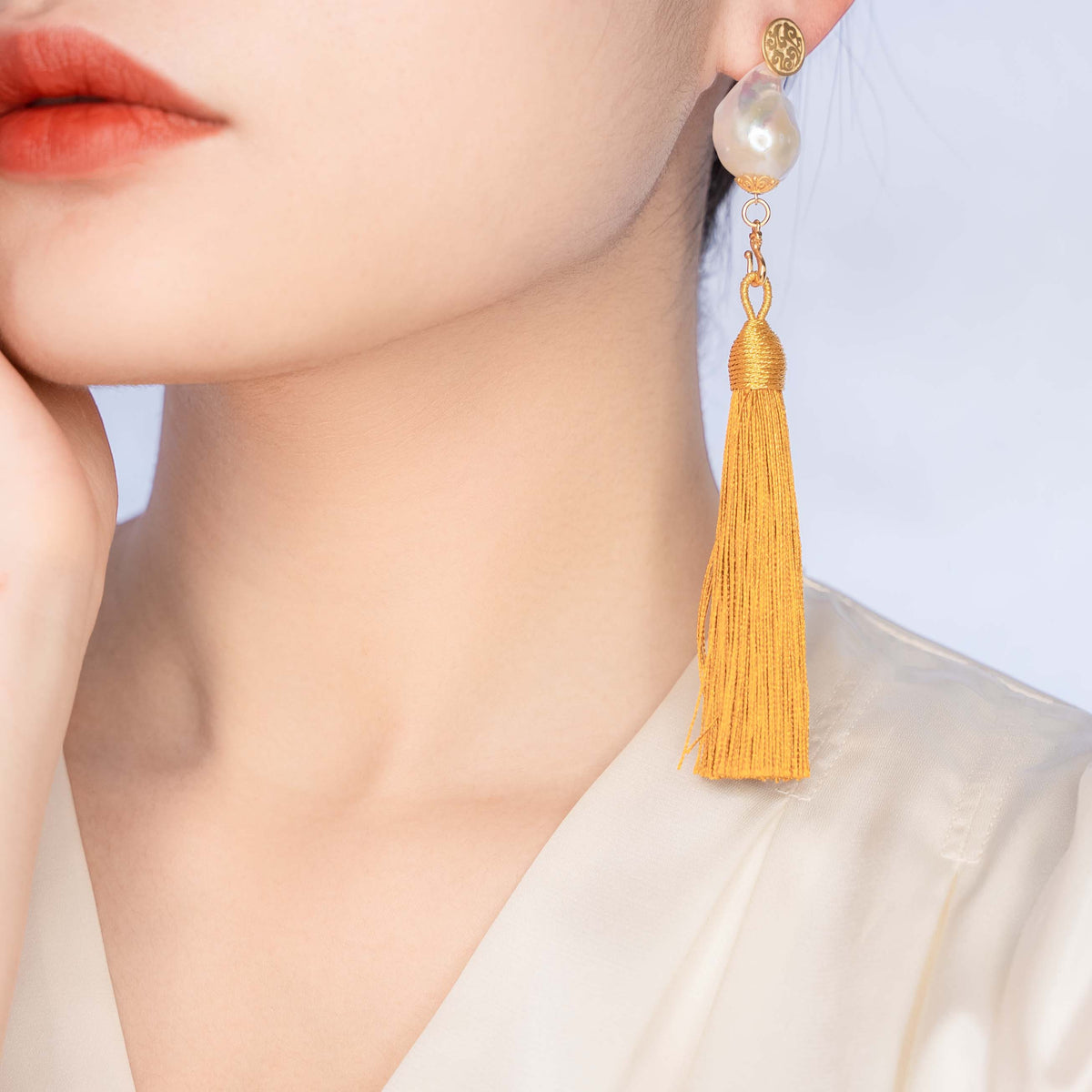 Large Baroque Pearl Yellow Silk Tassel Earrings