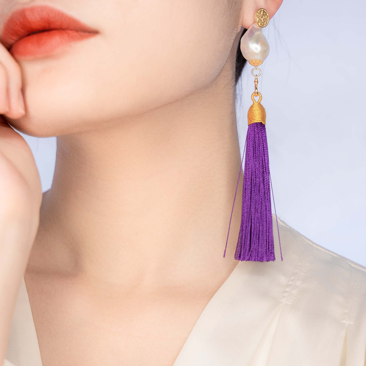 Large Baroque Pearl Deep Purple Silk Tassel Earrings