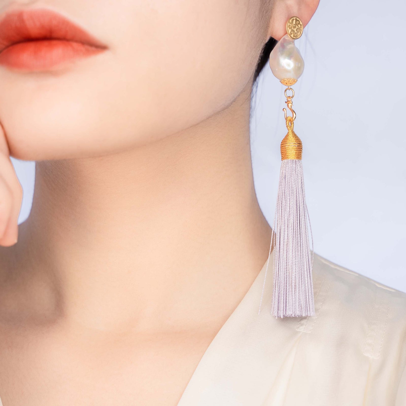 Large Baroque Pearl Lavender Silk Tassel Earrings