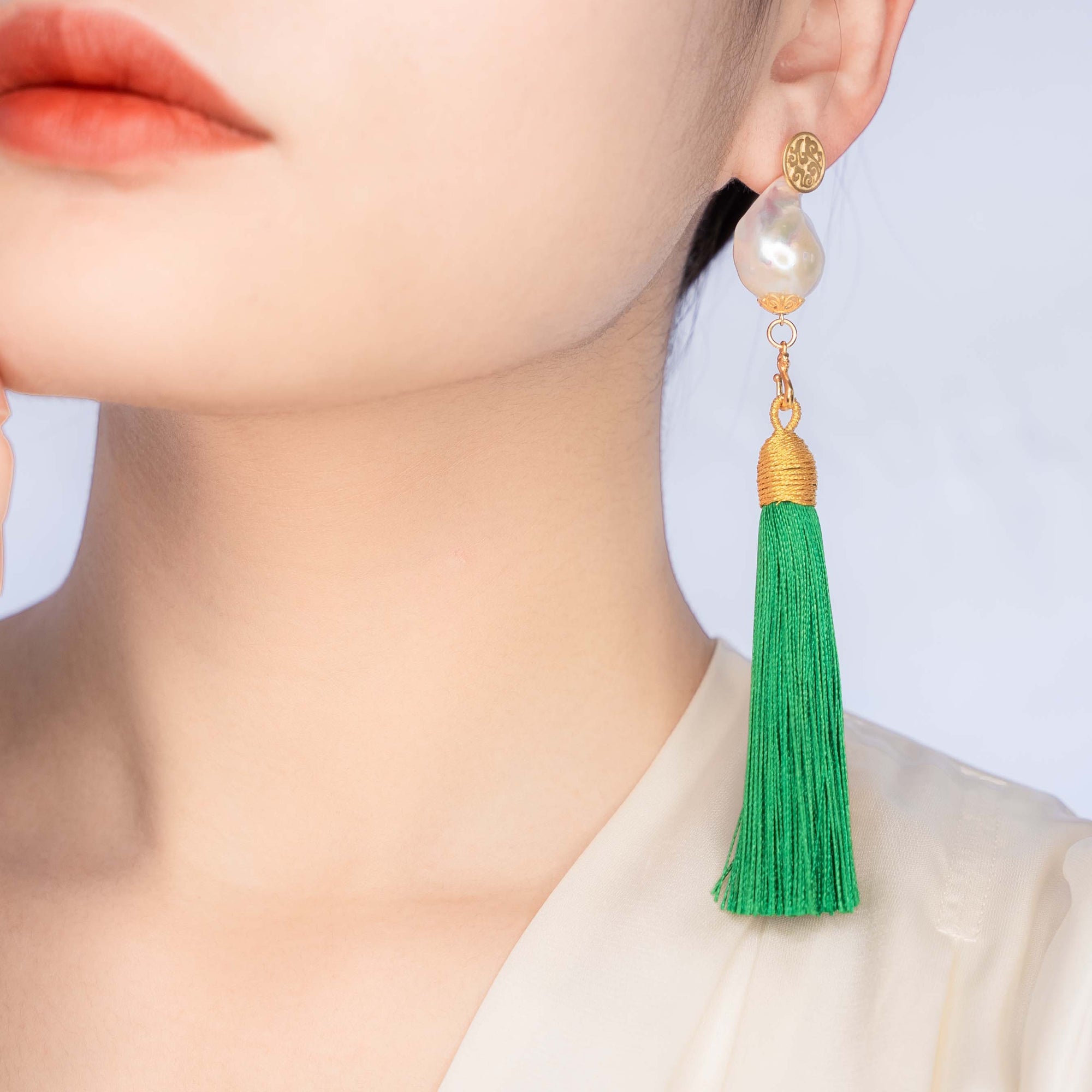 Large Baroque Pearl Emerald Green Silk Tassel Earrings