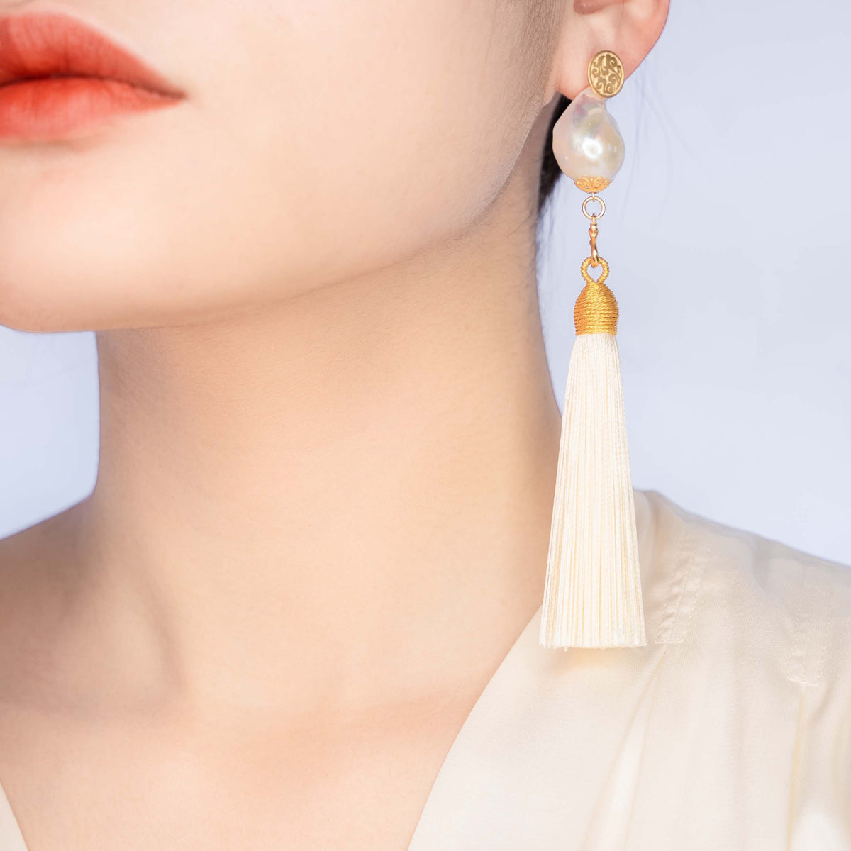 Large Baroque Pearl Creamy White Silk Tassel Earrings