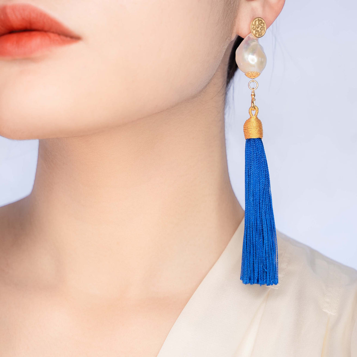 Large Baroque Pearl Royal Blue Silk Tassel Earrings - Yun Boutique