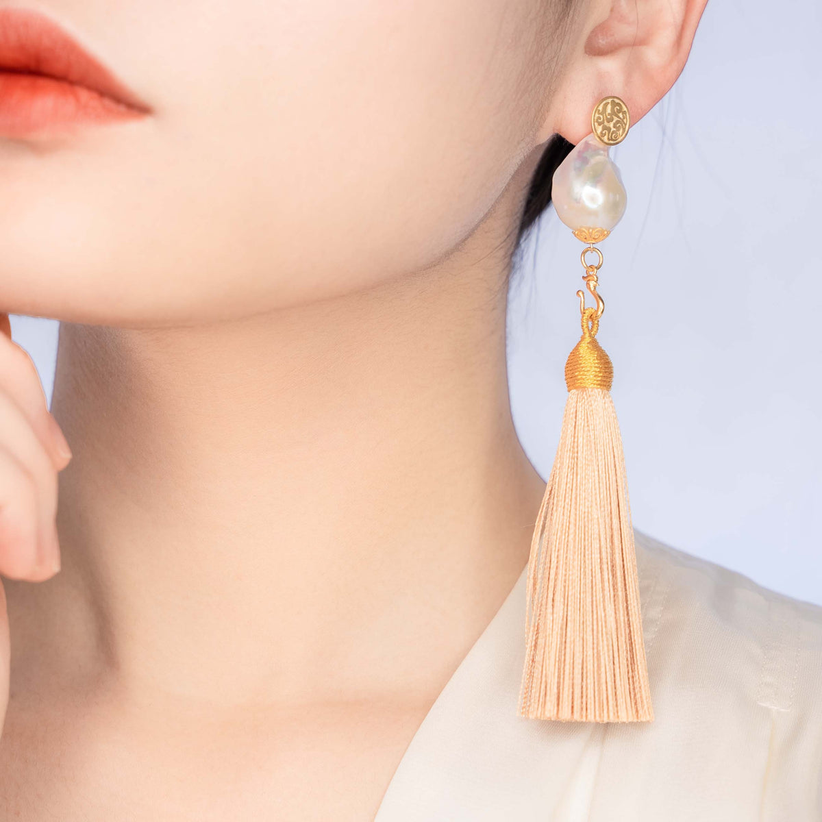 Large Baroque Pearl Light Chocolate Silk Tassel Earrings