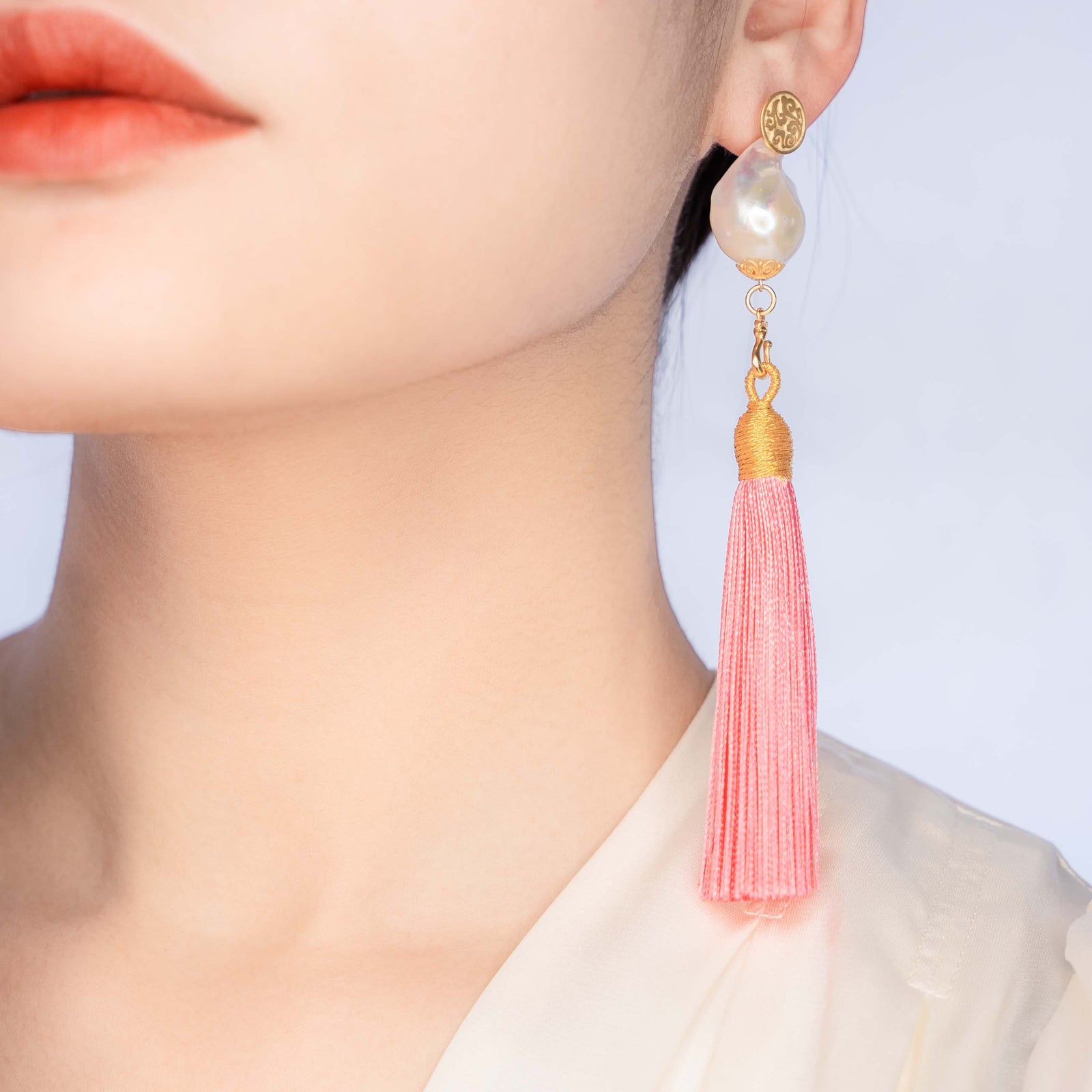 Large Baroque Pearl Charm Pink Silk Tassel Earrings - Yun Boutique