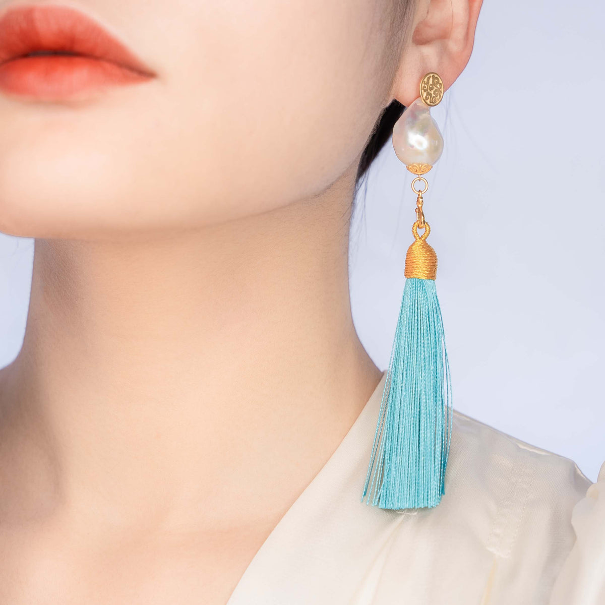 Large Baroque Pearl Turquoise Blue Silk Tassel Earrings