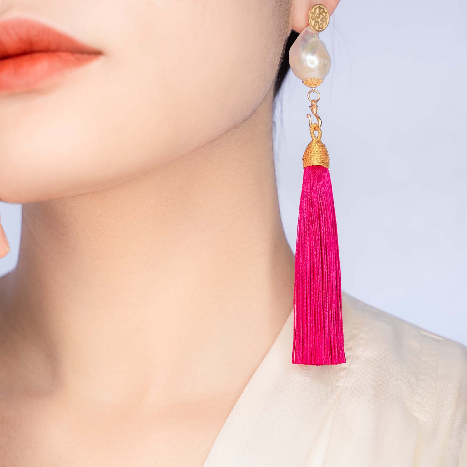 Large Baroque Pearl Deep Pink Silk Tassel Earrings - Yun Boutique