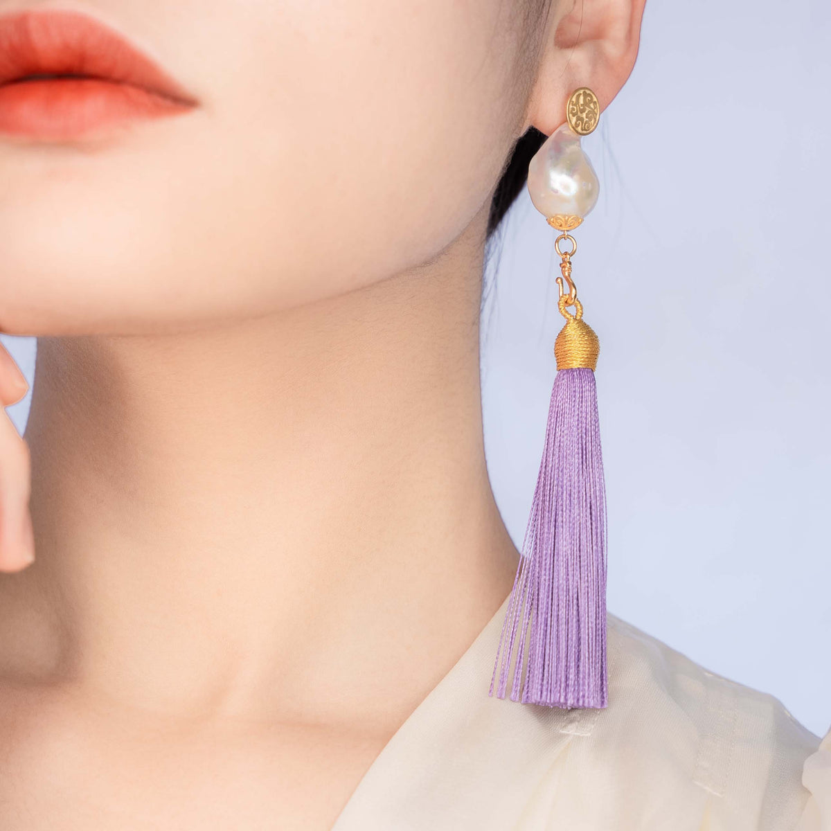 Large Baroque Pearl Purple Silk Tassel Earrings