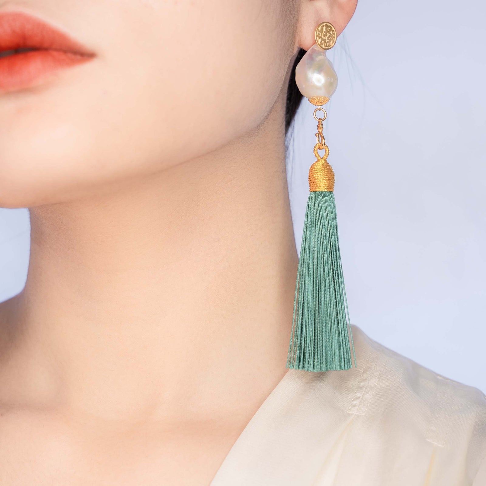 Large Baroque Pearl Jade Green Silk Tassel Earrings