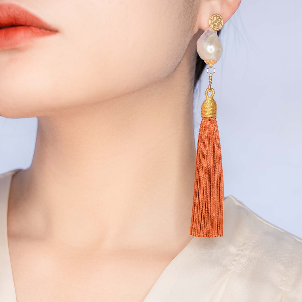 Large Baroque Pearl Orange Silk Tassel Earrings