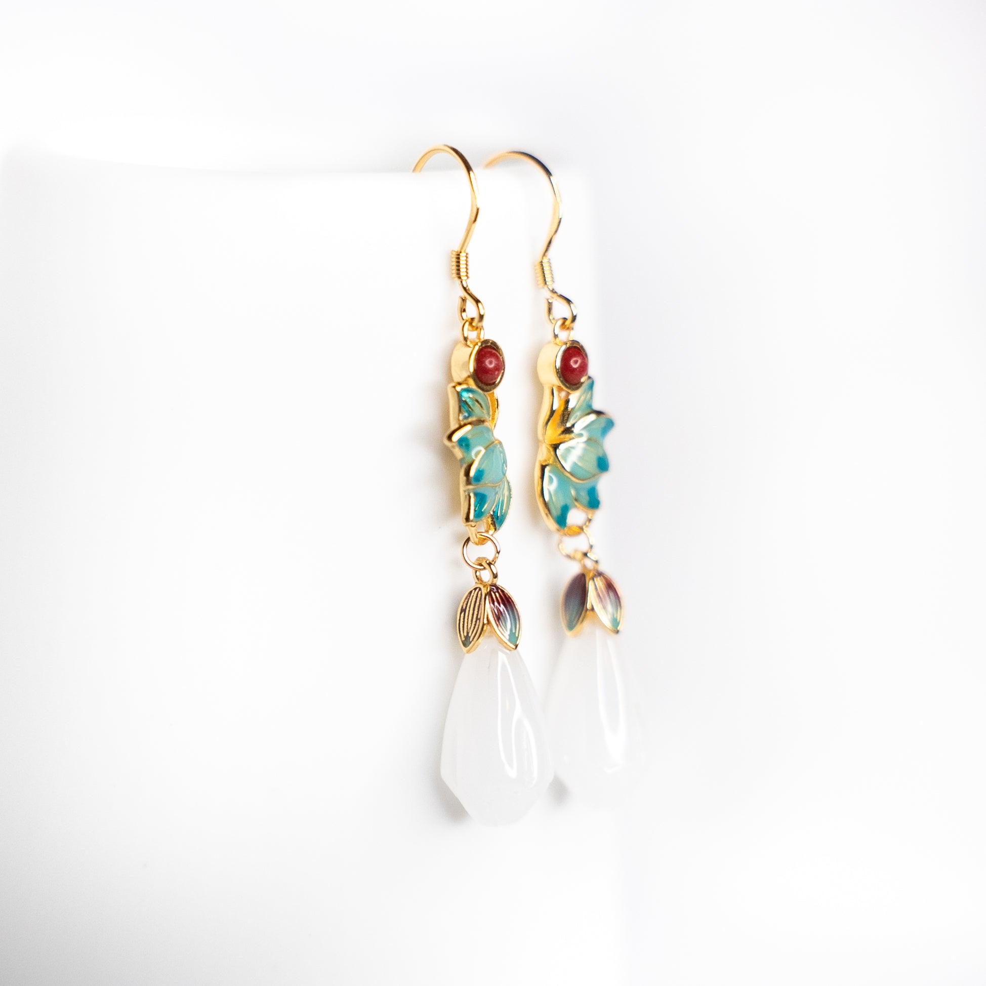 White Jade and Enamel Lotus Flower Earrings - Yun Boutique