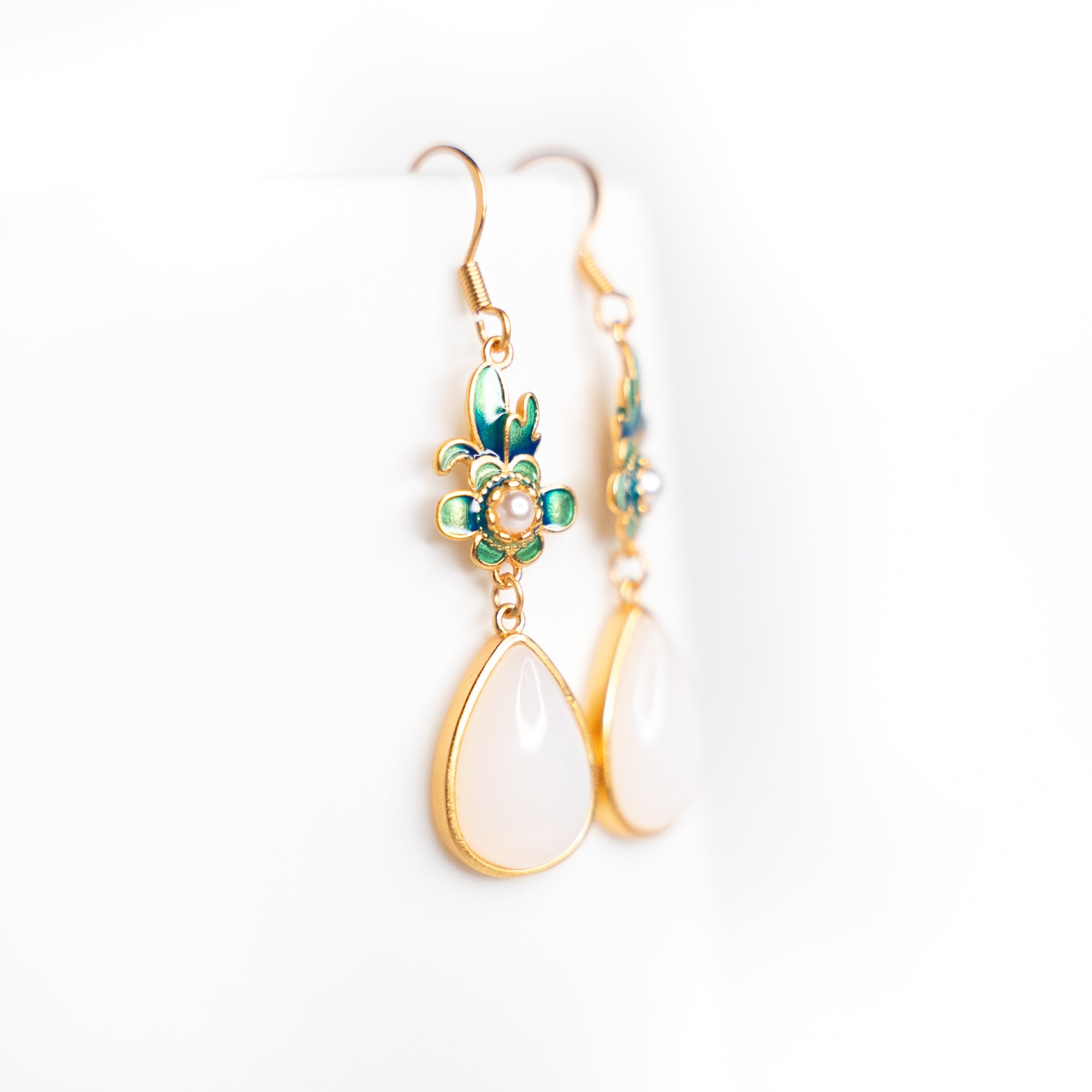 White Jade Enamel Orchid Flower Earrings