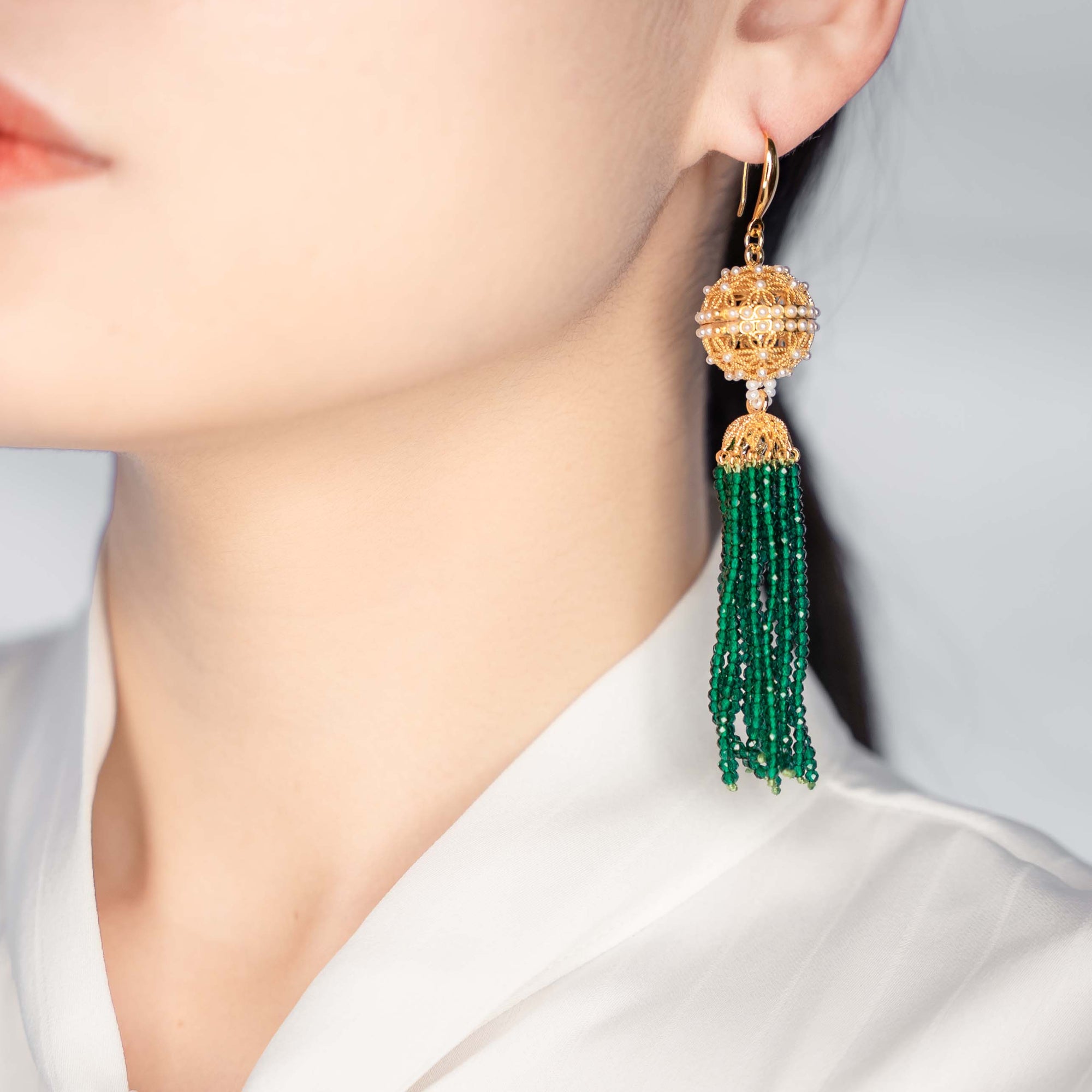 Herbal Locket Crystal Tassel Earrings - Emerald Zirconia - Yun Boutique