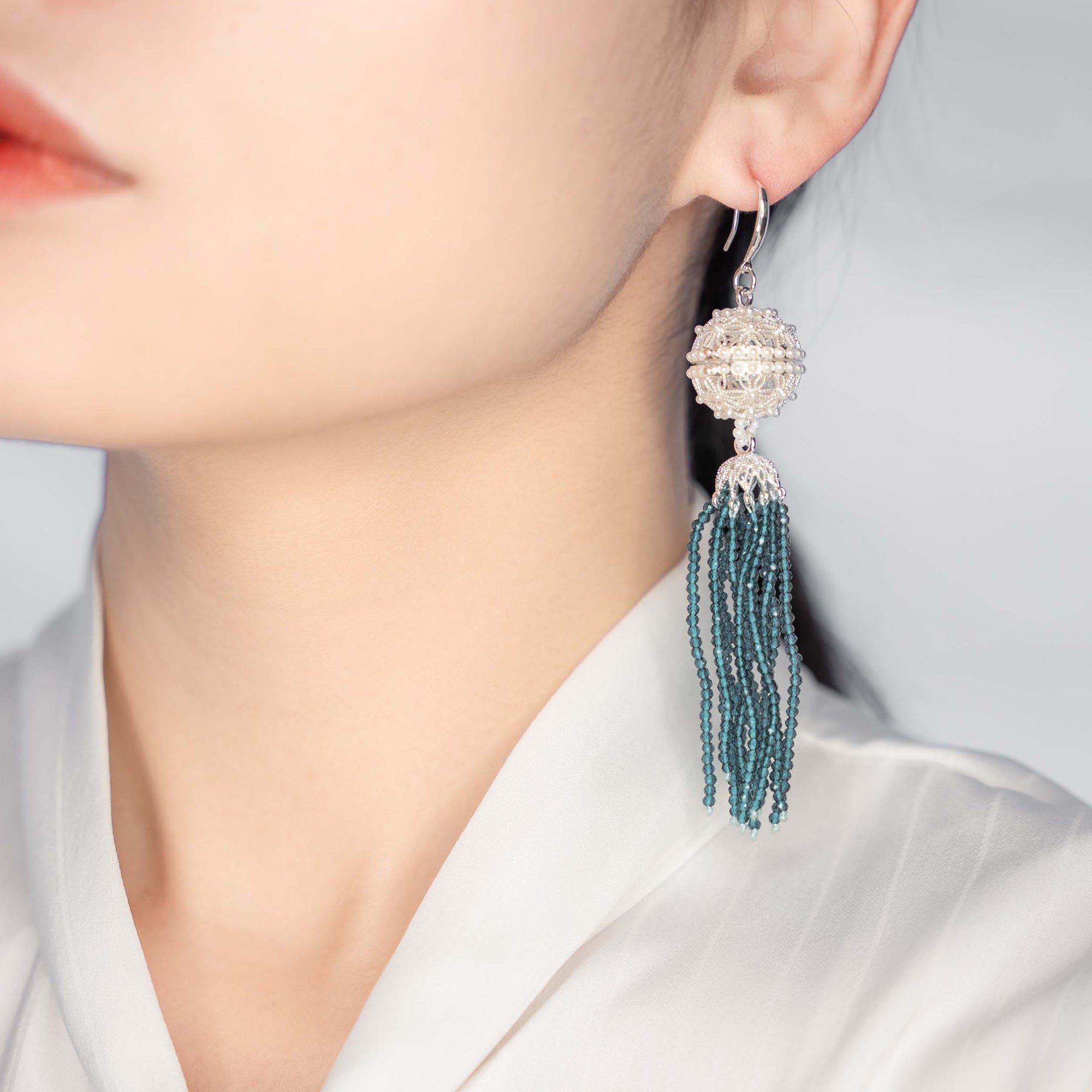 Herbal Locket Crystal Tassel Earrings - Peacock Blue Zirconia - Yun Boutique