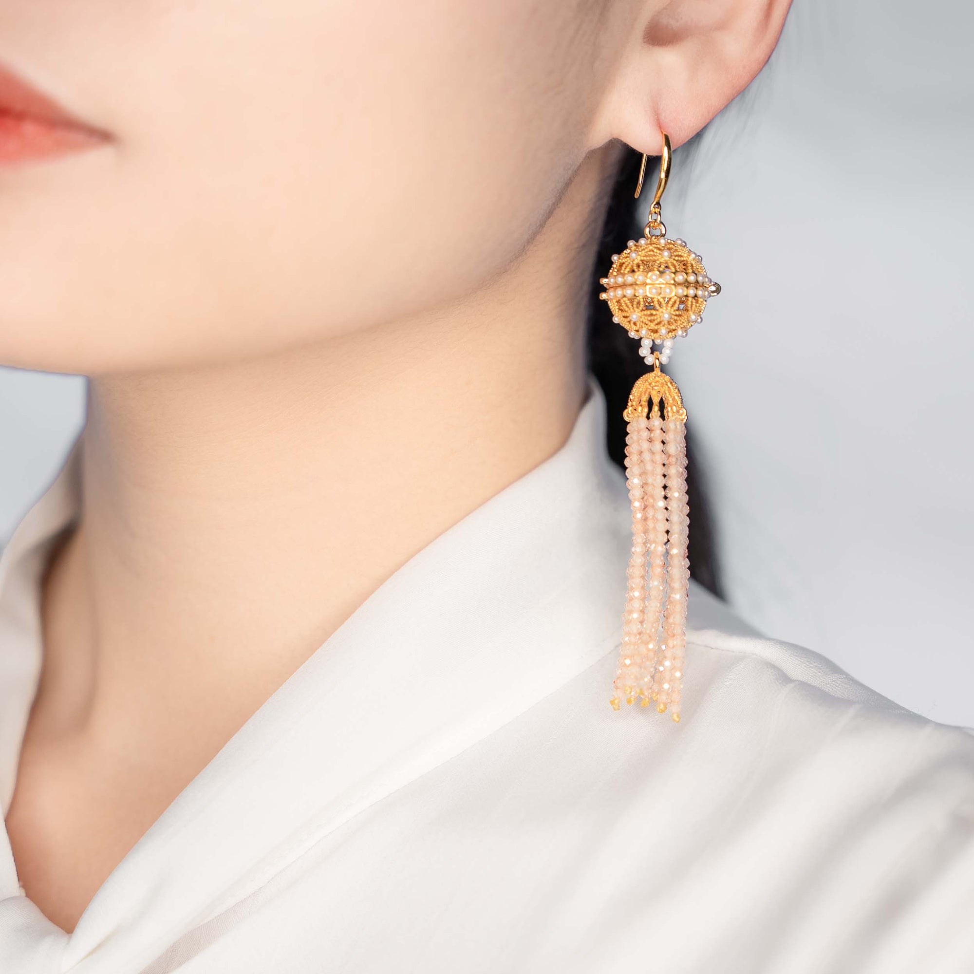 Herbal Locket Crystal Tassel Earrings - Champagne Zirconia - Yun Boutique