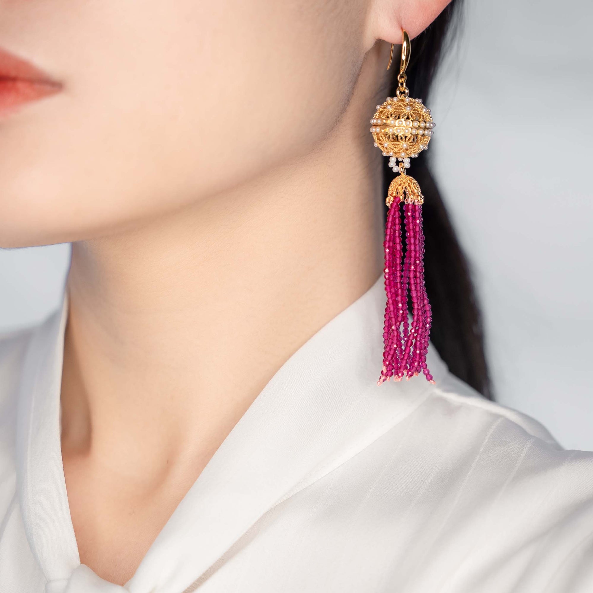 Herbal Locket Crystal Tassel Earrings - Fuchsia Zirconia - Yun Boutique