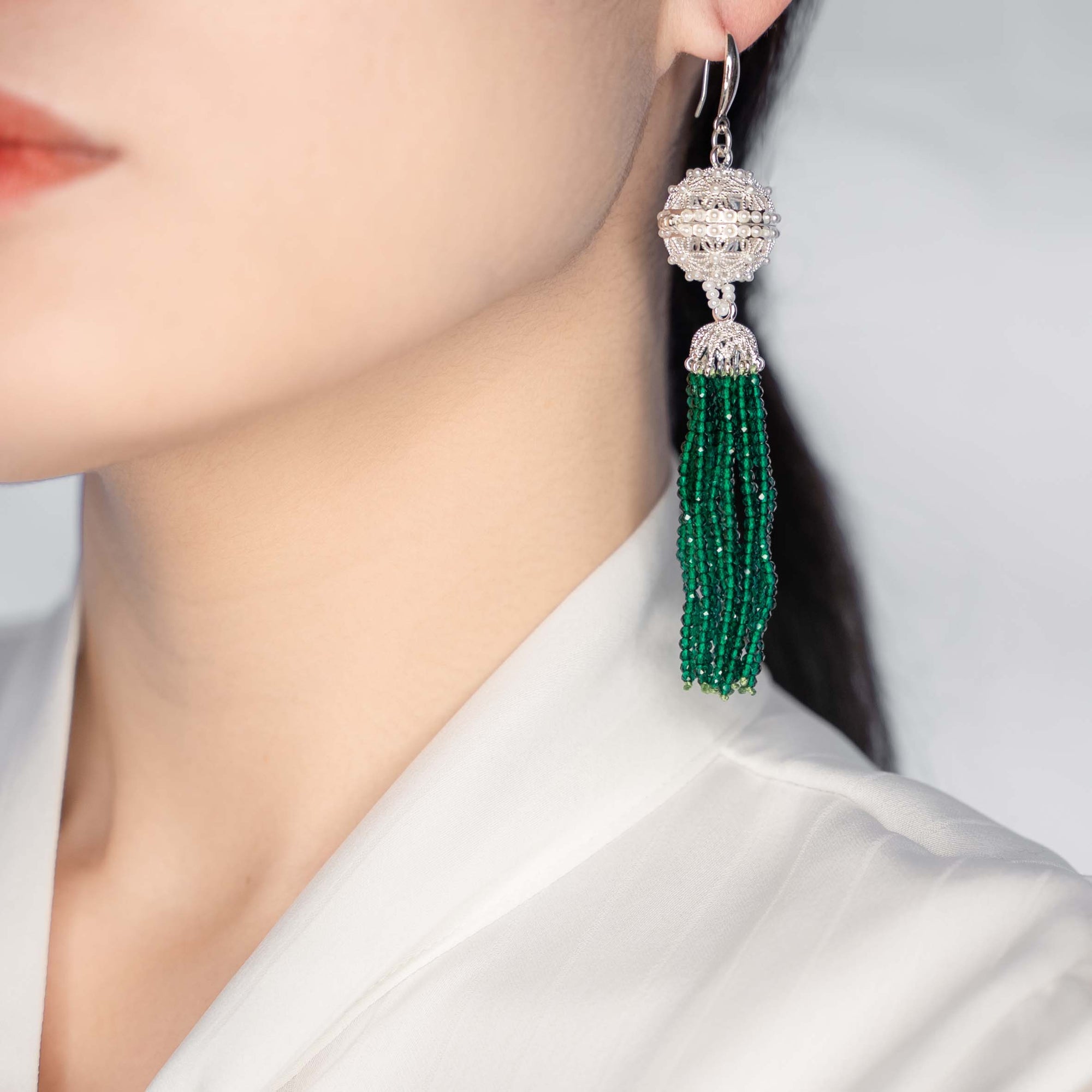 Herbal Locket Crystal Tassel Earrings - Emerald Zirconia - Yun Boutique