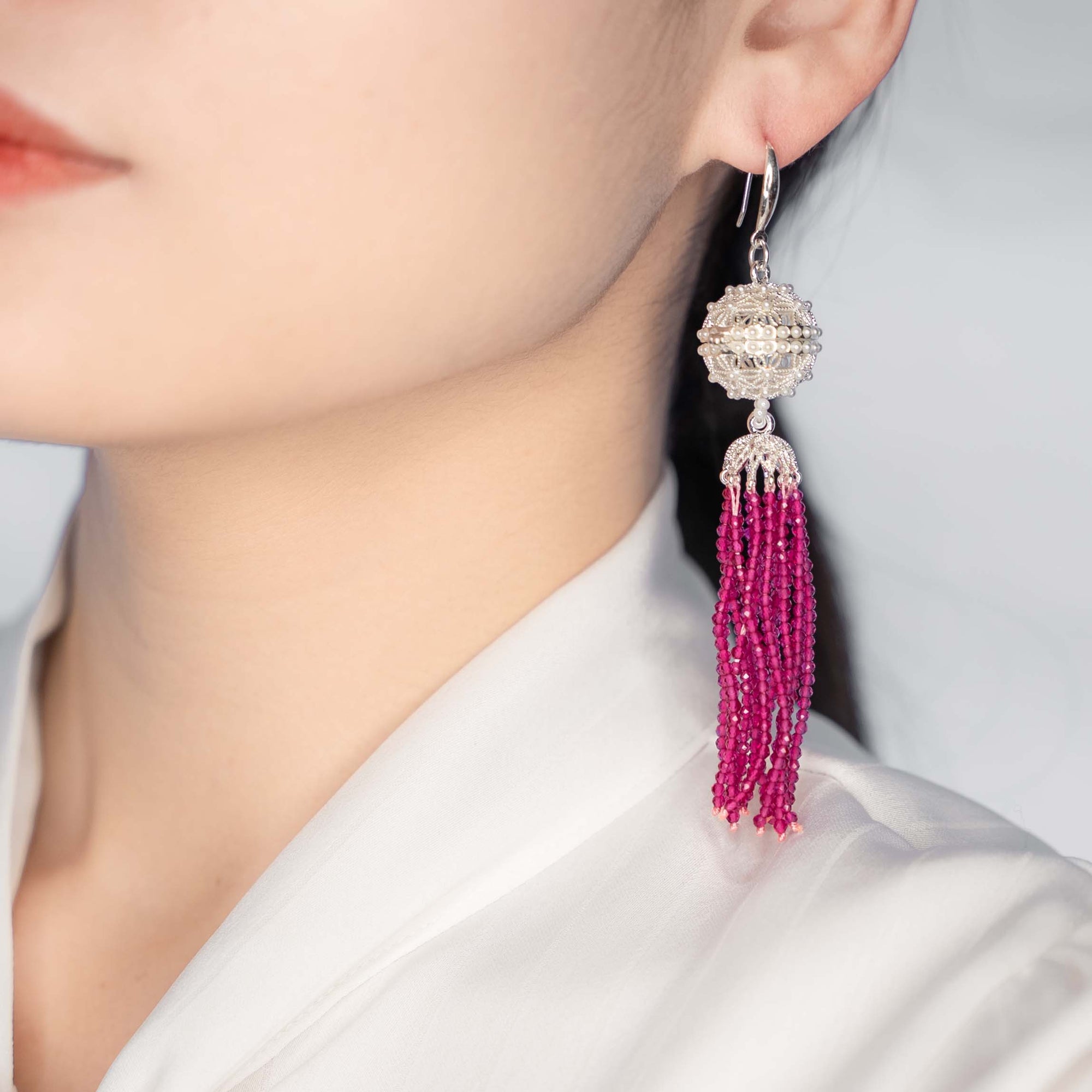 Herbal Locket Crystal Tassel Earrings - Fuchsia Zirconia - Yun Boutique