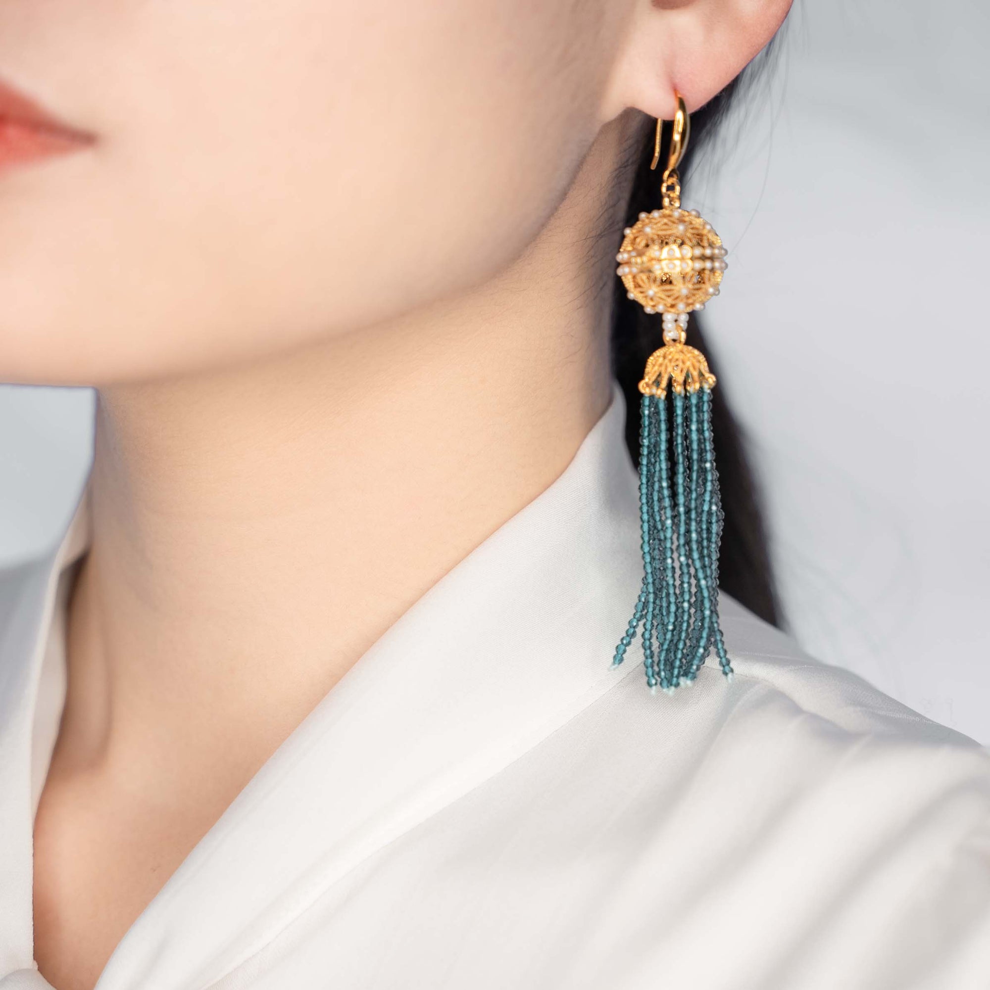 Herbal Locket Crystal Tassel Earrings - Peacock Blue Zirconia - Yun Boutique