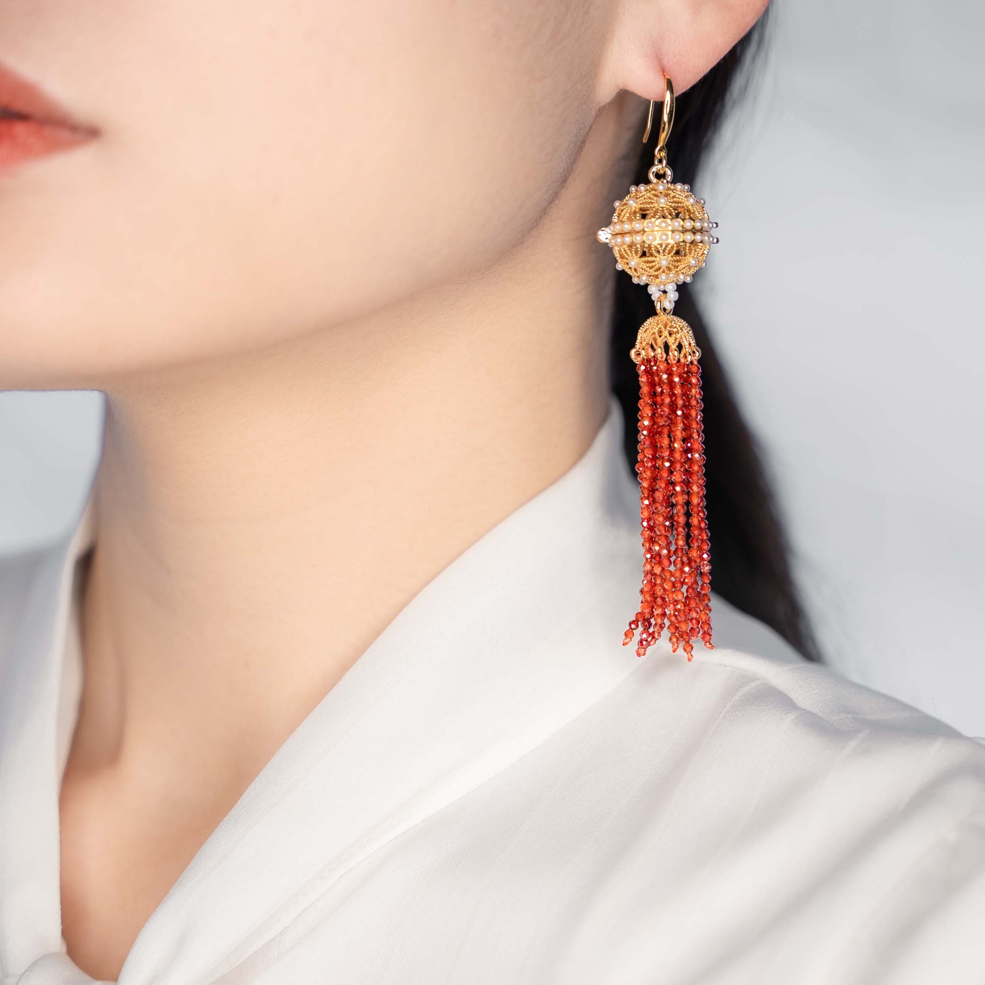 Herbal Locket Crystal Tassel Earrings - Carnelian Zirconia - Yun Boutique