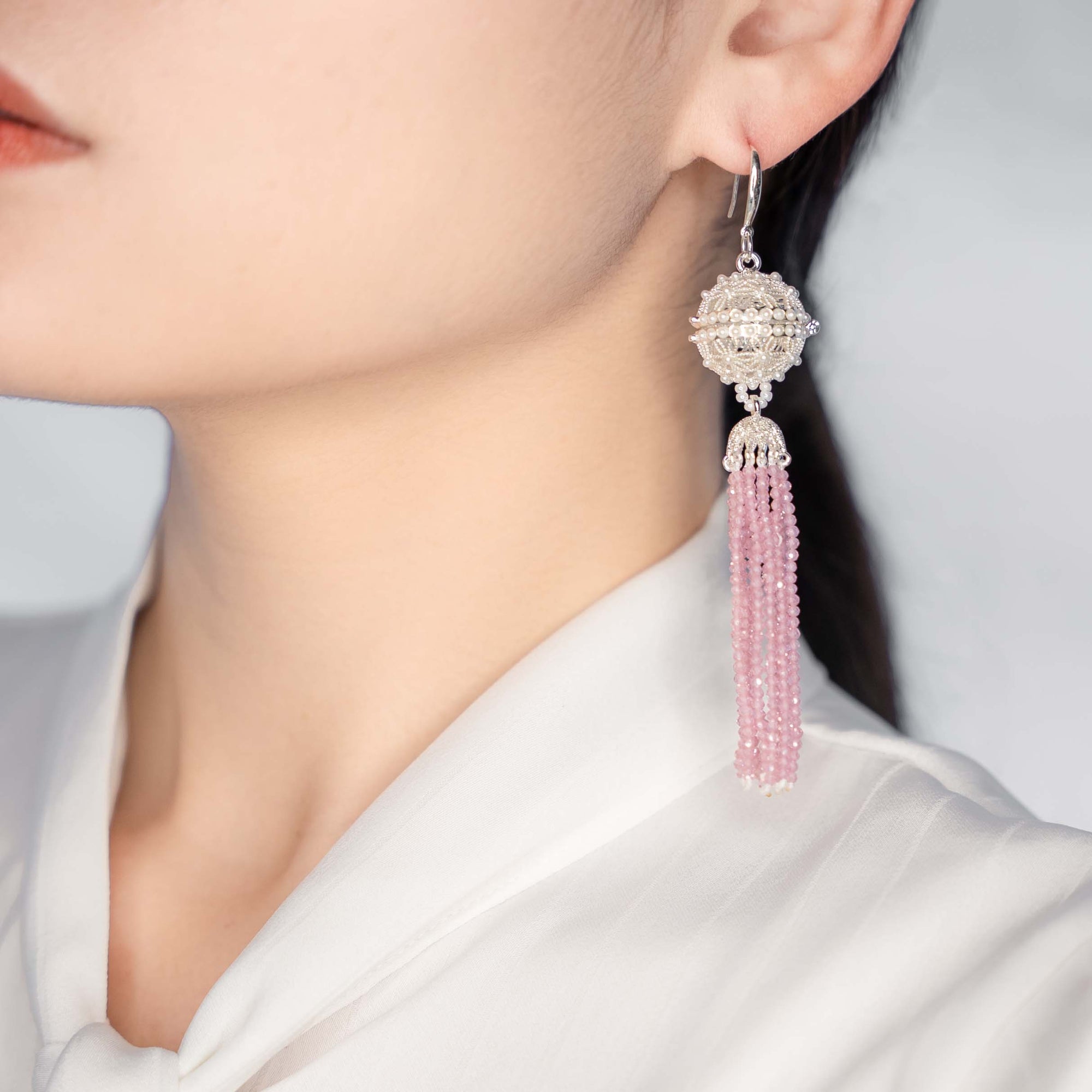 Herbal Locket Crystal Tassel Earrings - Pink Zirconia - Yun Boutique