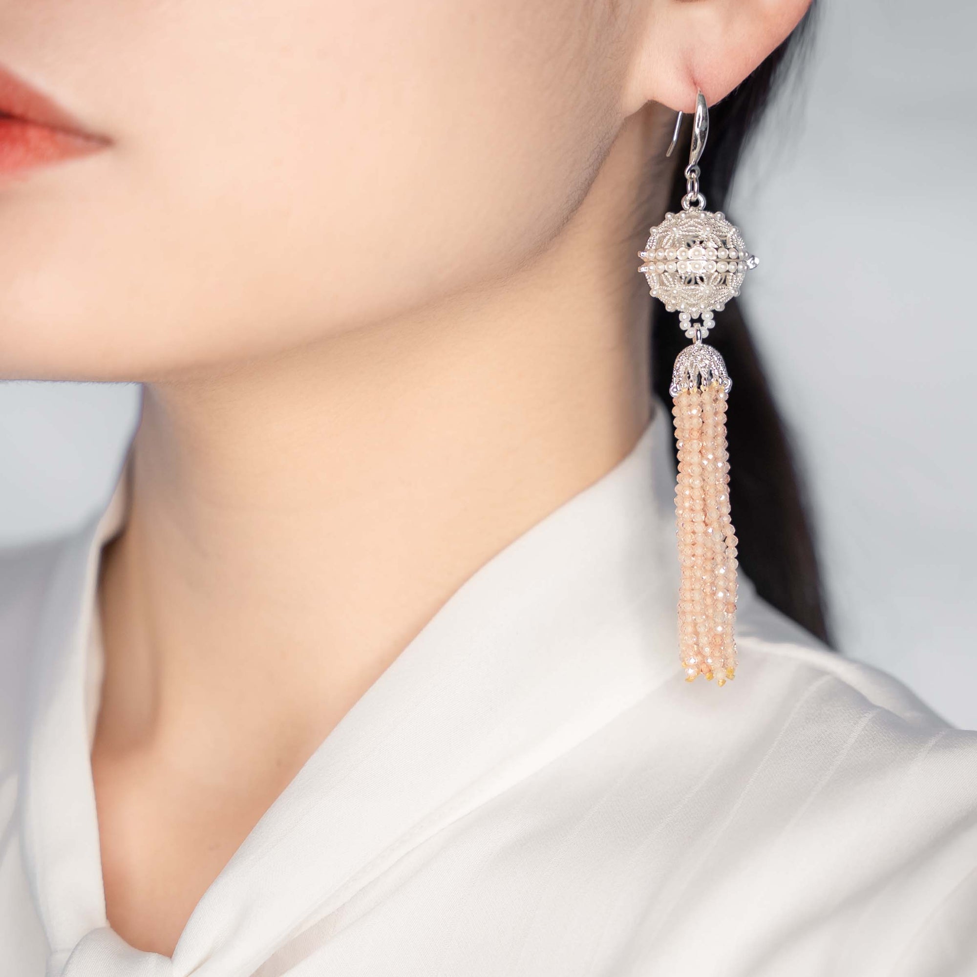 Herbal Locket Crystal Tassel Earrings - Champagne Zirconia - Yun Boutique