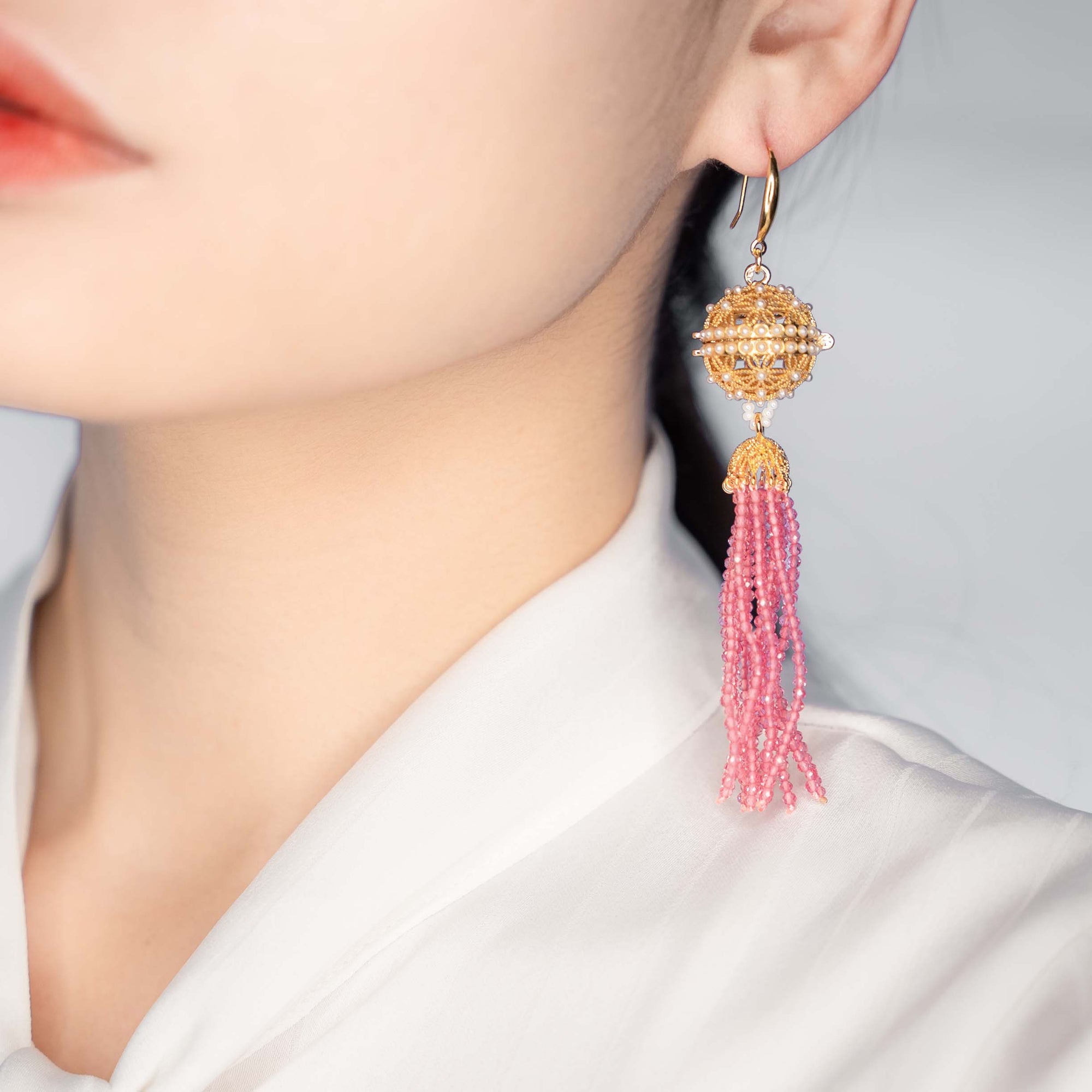 Herbal Locket Crystal Tassel Earrings - Pink Zirconia - Yun Boutique