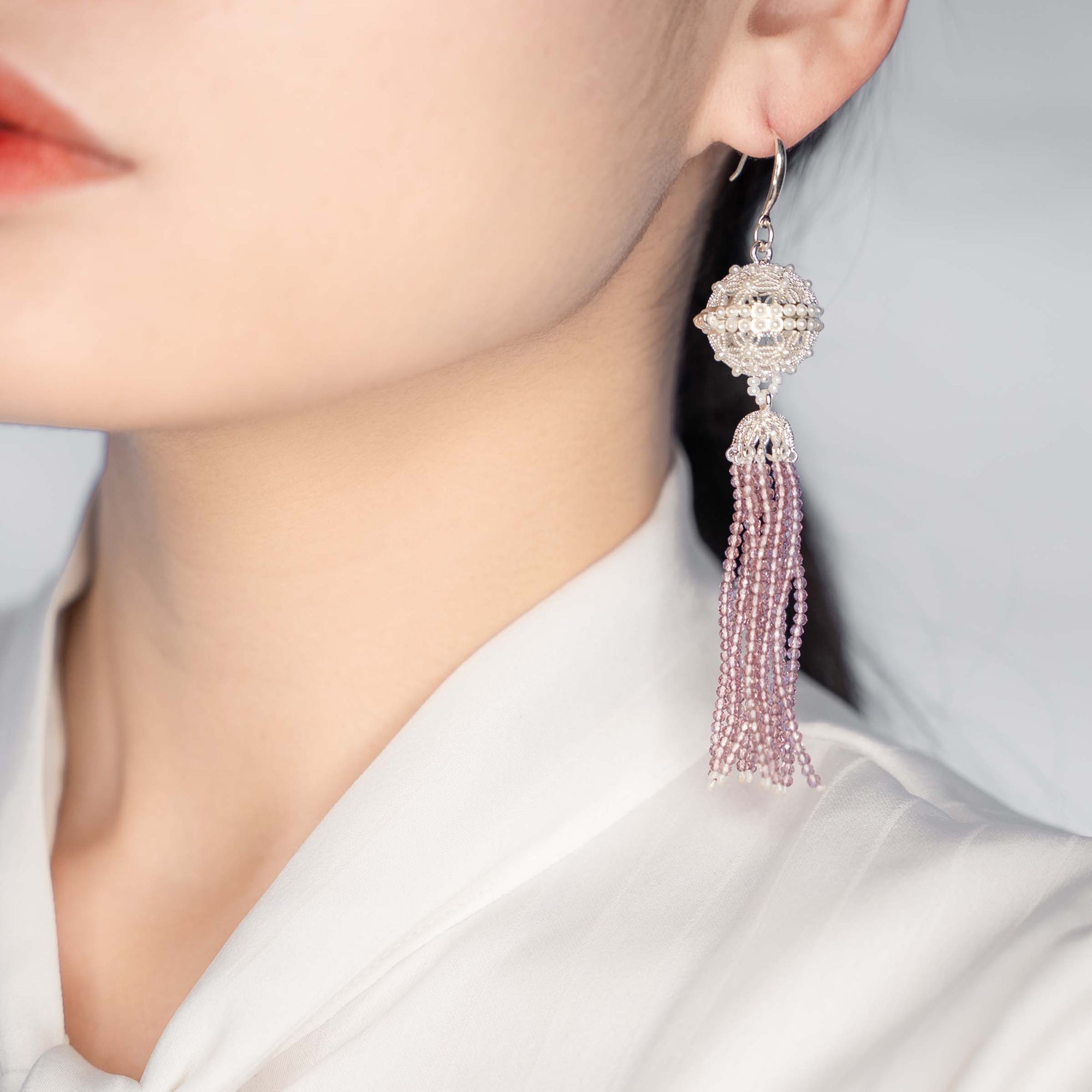 Herbal Locket Crystal Tassel Earrings - Mauve Zirconia - Yun Boutique