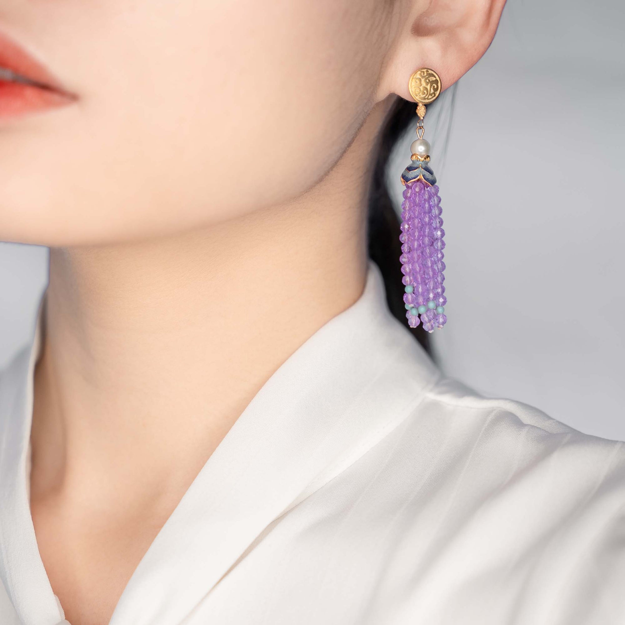 Amethyst Lotus Tassel Earrings Set