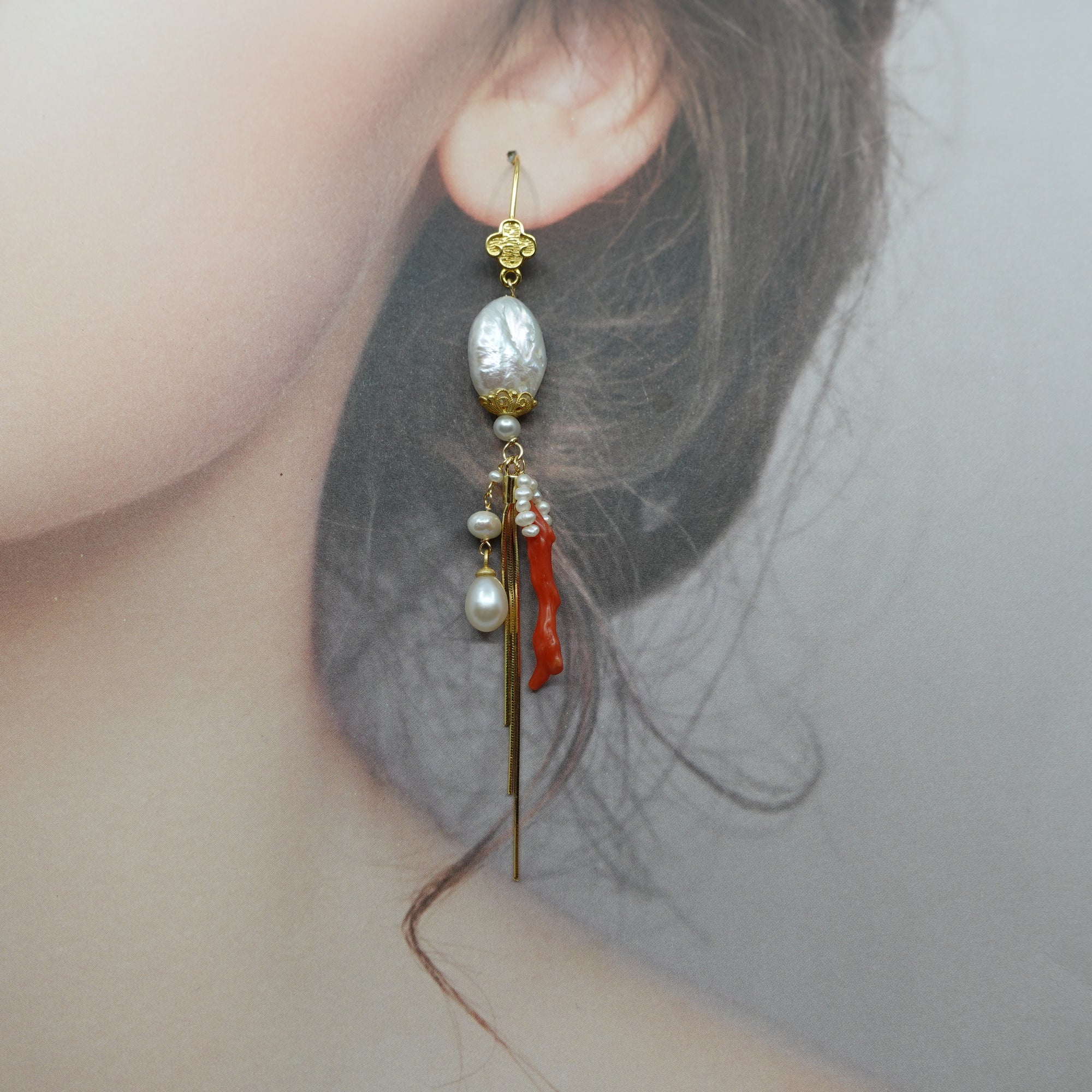 Dragon Princess Red Coral and Pearl Statement Earrings - Yun Boutique