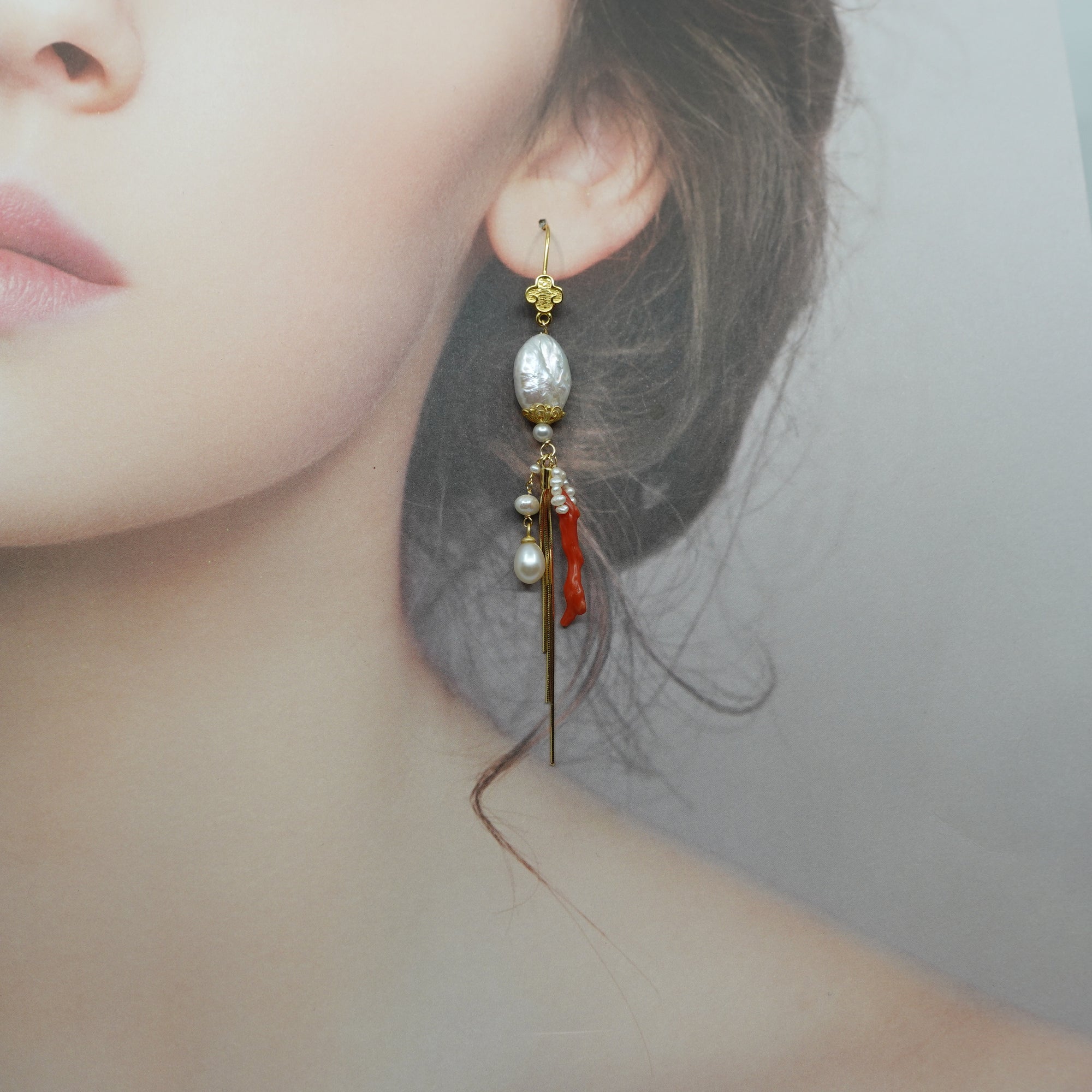 Dragon Princess Red Coral and Pearl Statement Earrings - Yun Boutique