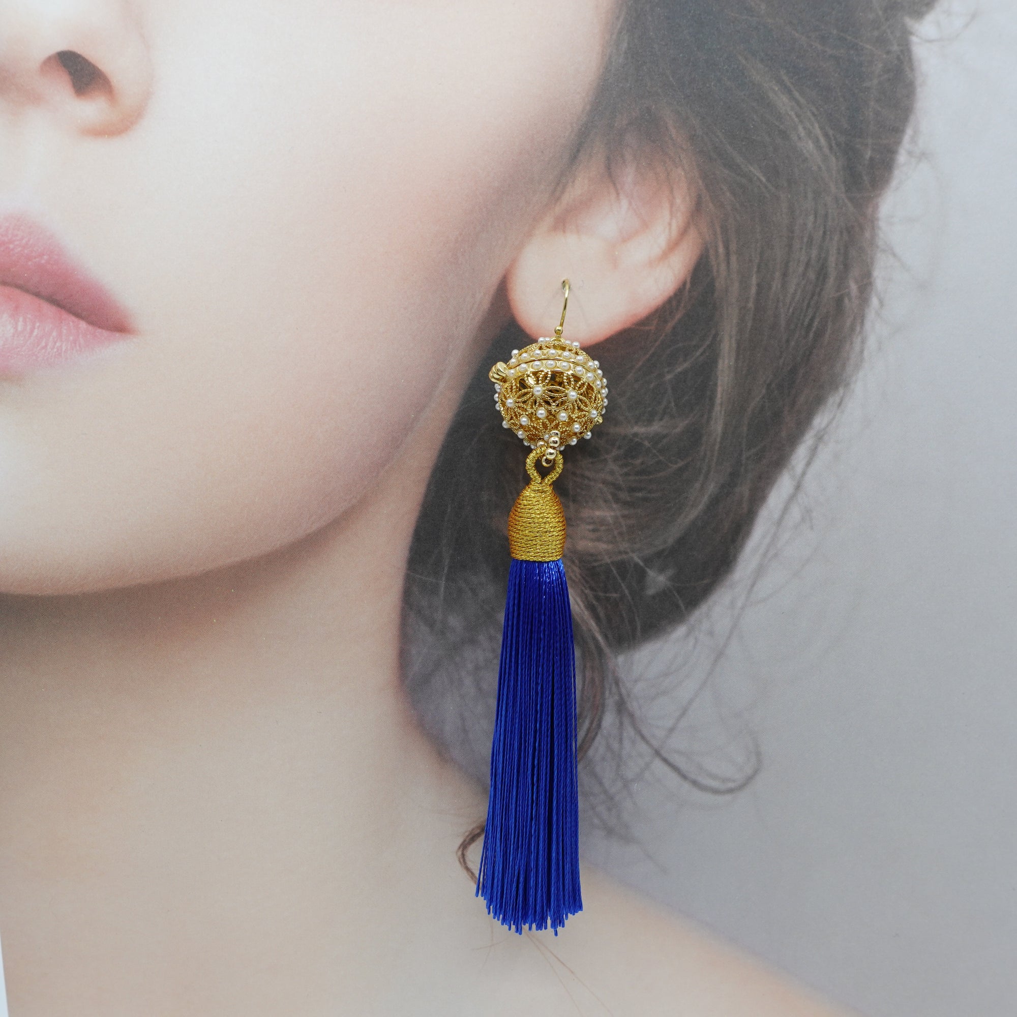 Herbal Locket Silk Tassel Earrings - Royal Blue - Yun Boutique