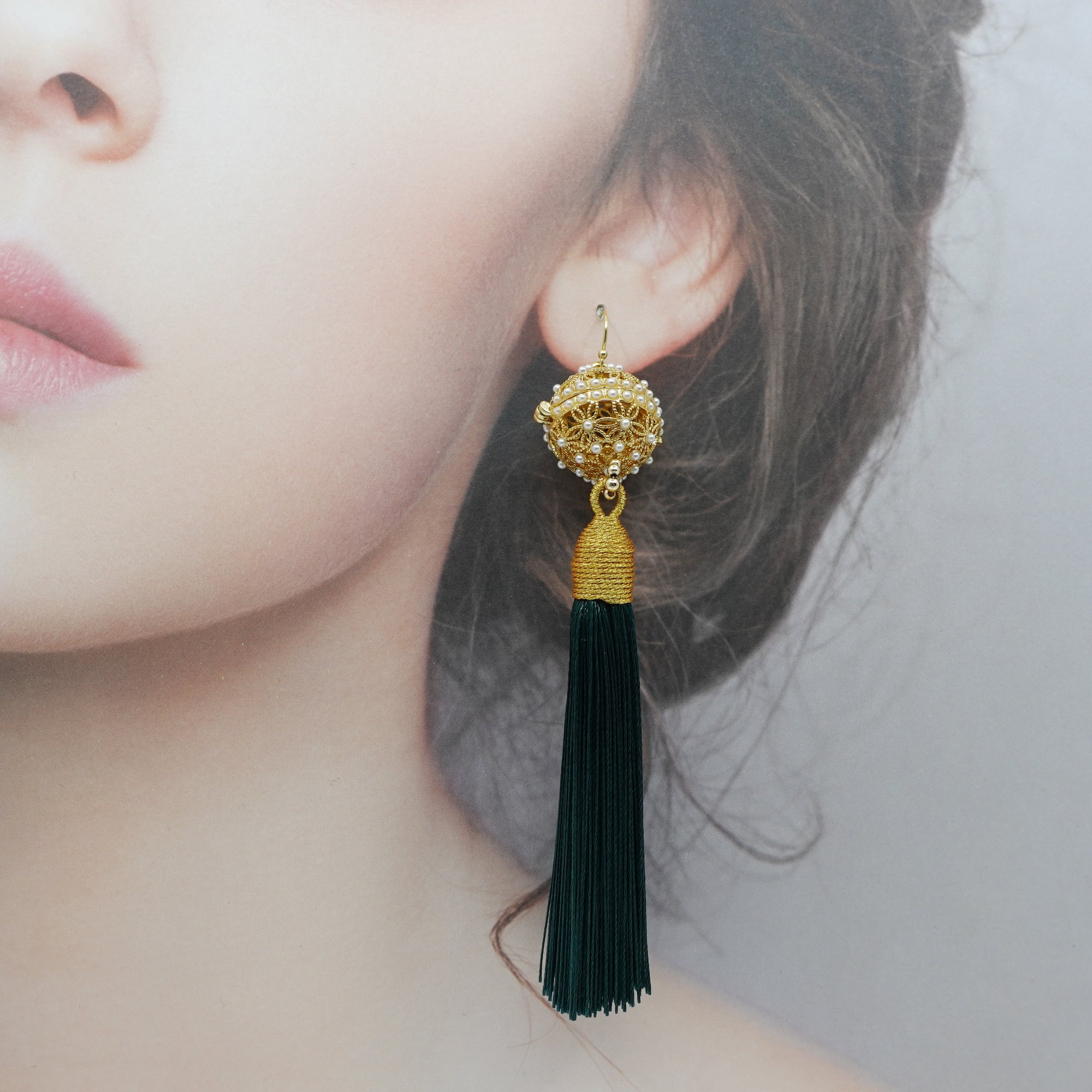 Herbal Locket Silk Tassel Earrings - Deep Green - Yun Boutique