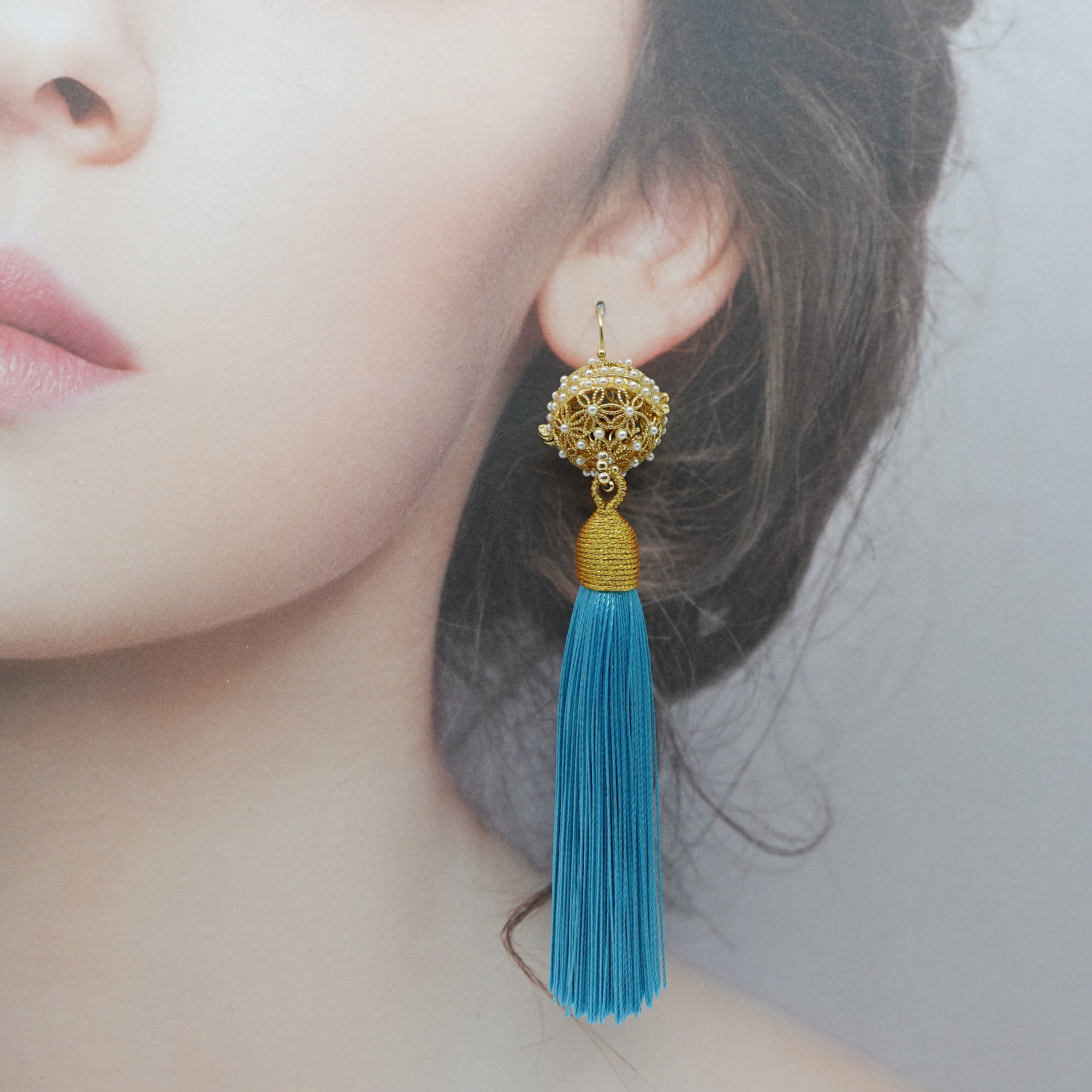 Herbal Locket Silk Tassel Earrings - Turquoise Blue - Yun Boutique