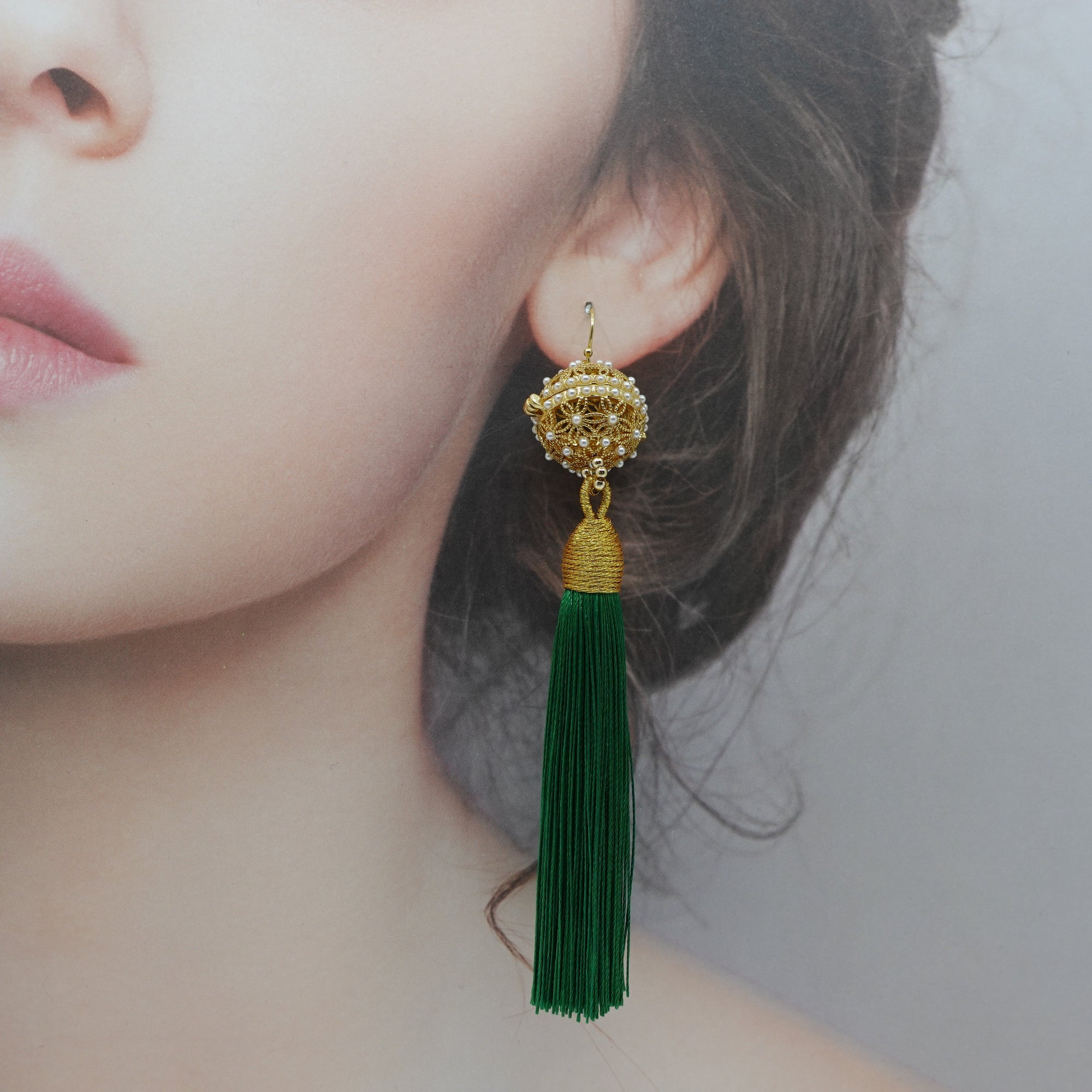 Herbal Locket Silk Tassel Earrings - Emerald Green - Yun Boutique