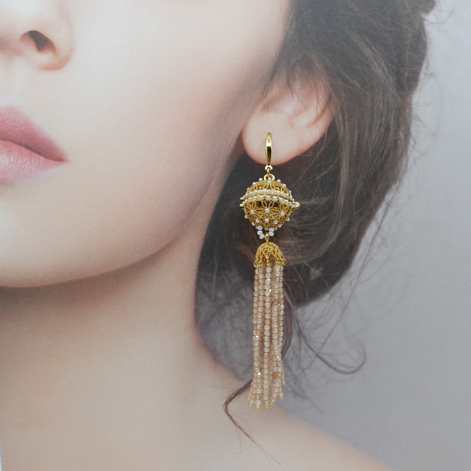 Herbal Locket Crystal Tassel Earrings - Champagne Zirconia - Yun Boutique