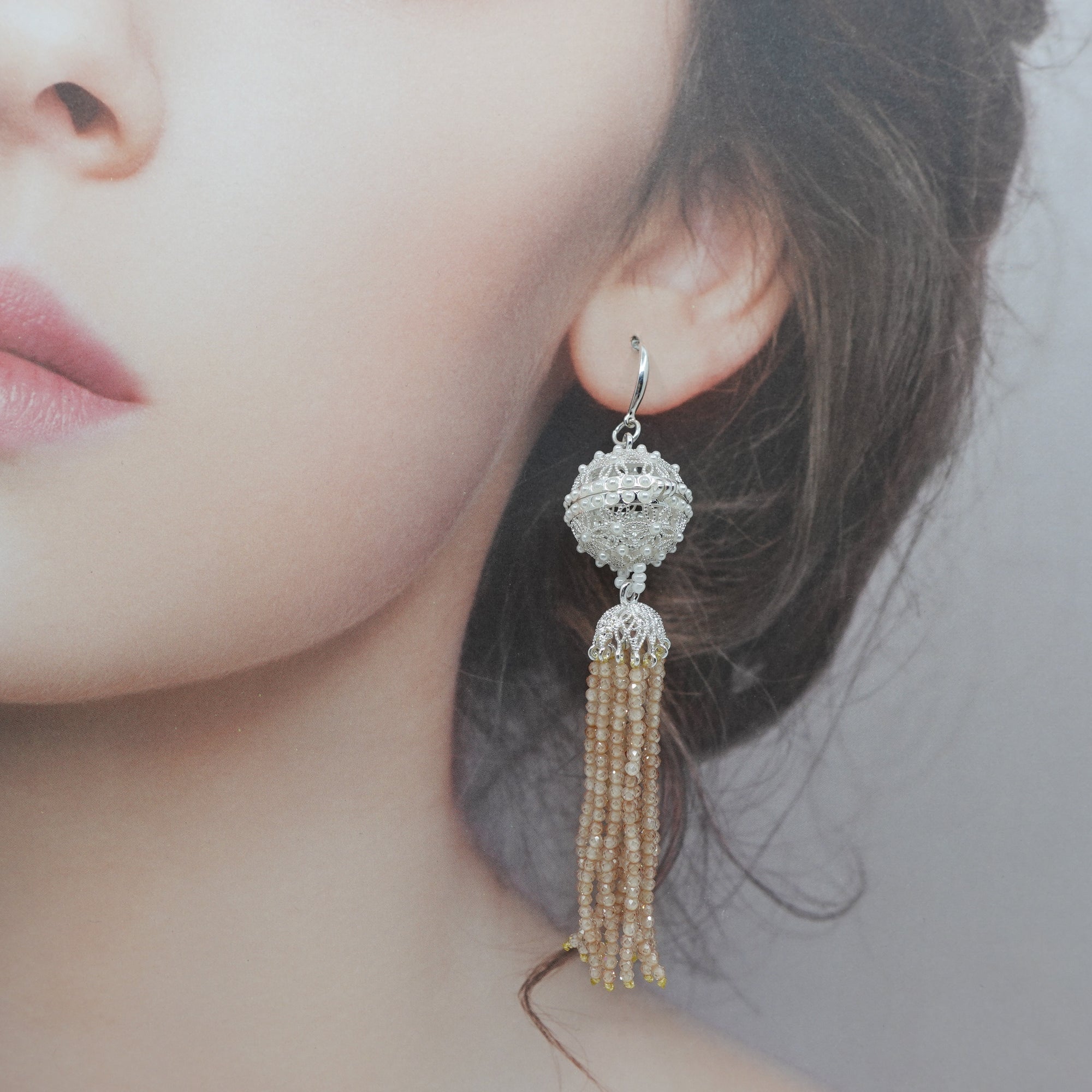 Herbal Locket Crystal Tassel Earrings - Champagne Zirconia - Yun Boutique