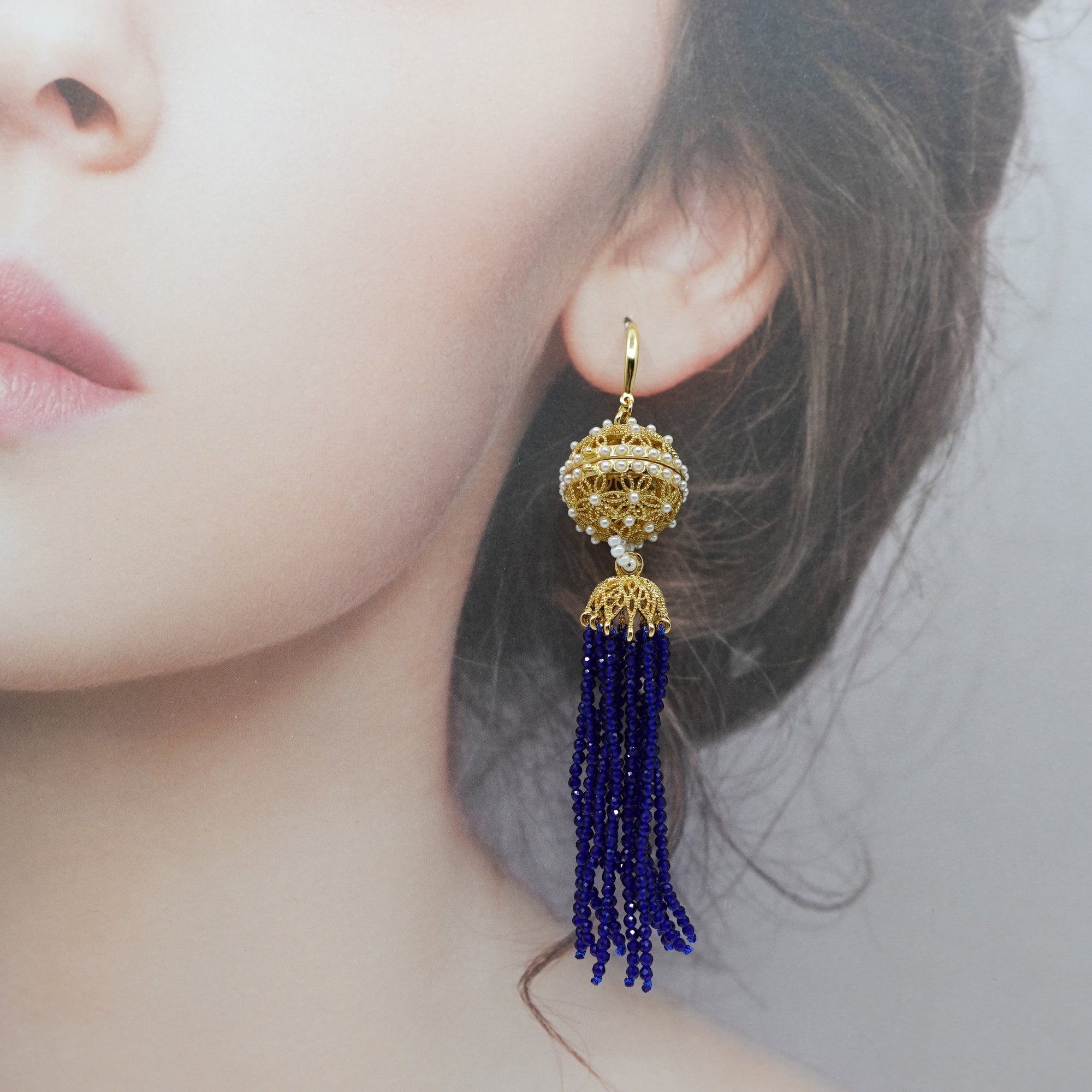 Herbal Locket Crystal Tassel Earrings - Lapis Spinel - Yun Boutique