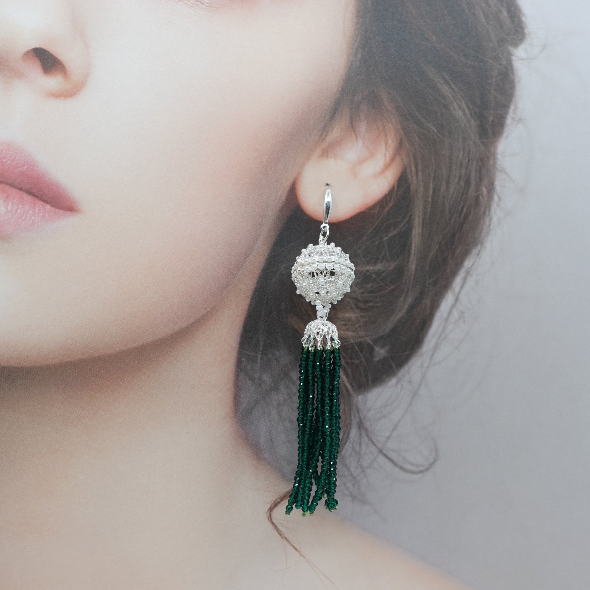 Herbal Locket Crystal Tassel Earrings - Emerald Zirconia - Yun Boutique