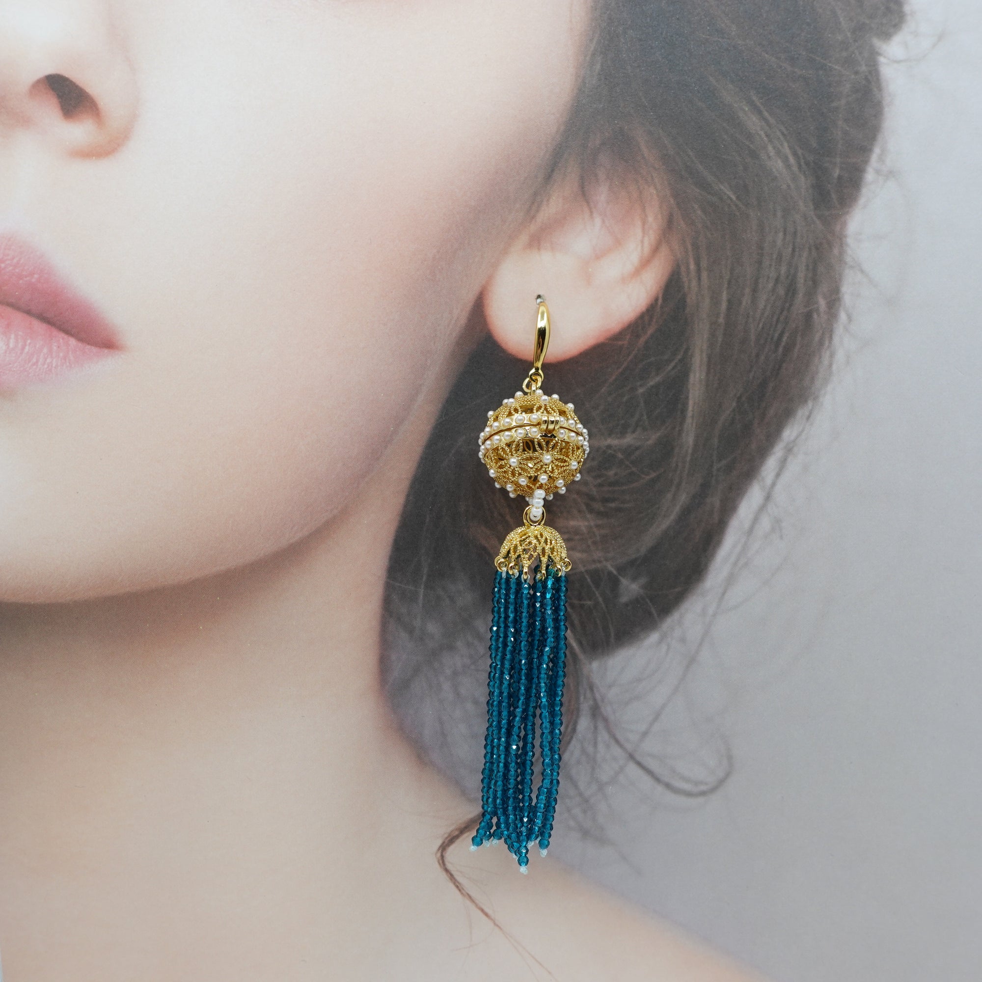 Herbal Locket Crystal Tassel Earrings - Peacock Blue Zirconia - Yun Boutique