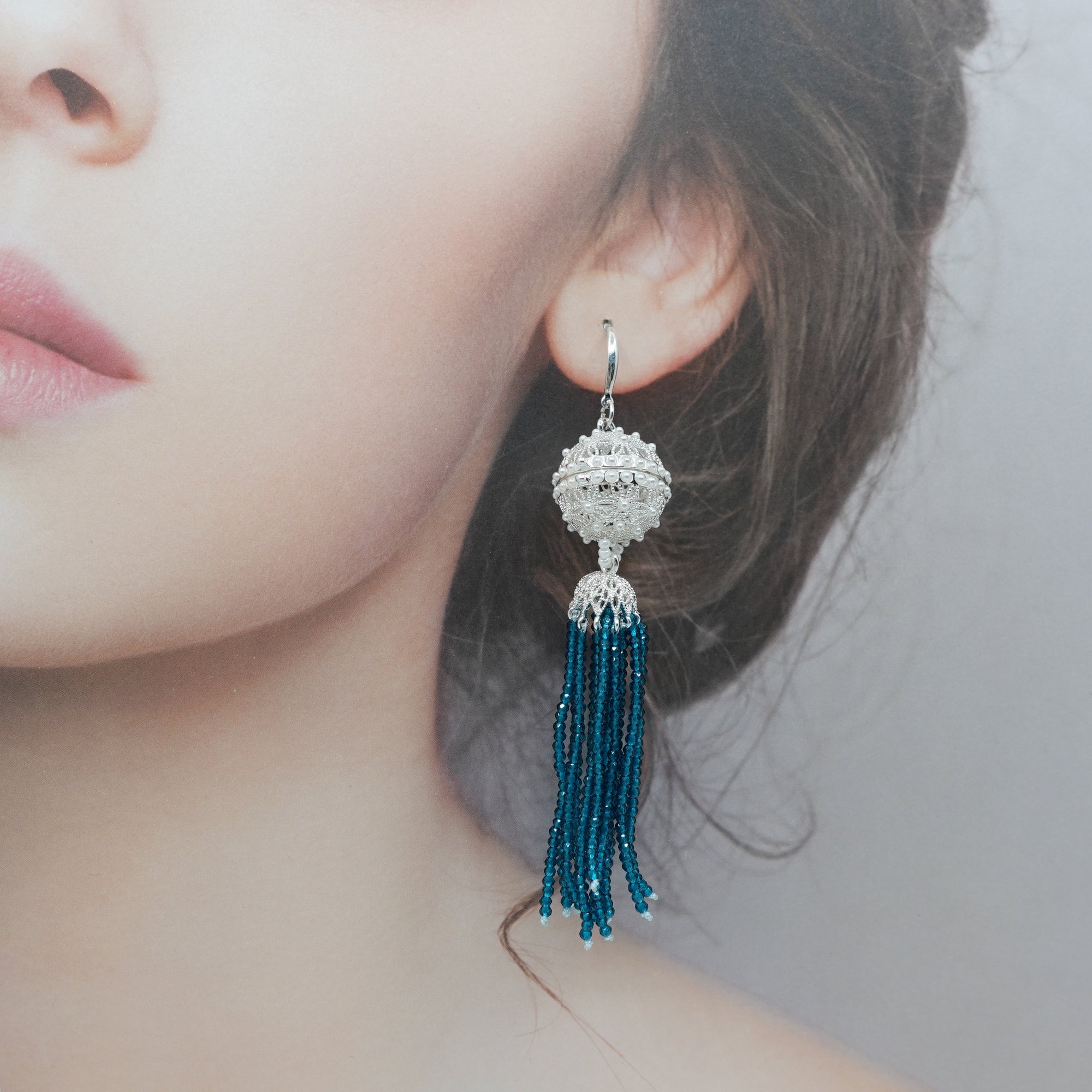 Herbal Locket Crystal Tassel Earrings - Peacock Blue Zirconia - Yun Boutique