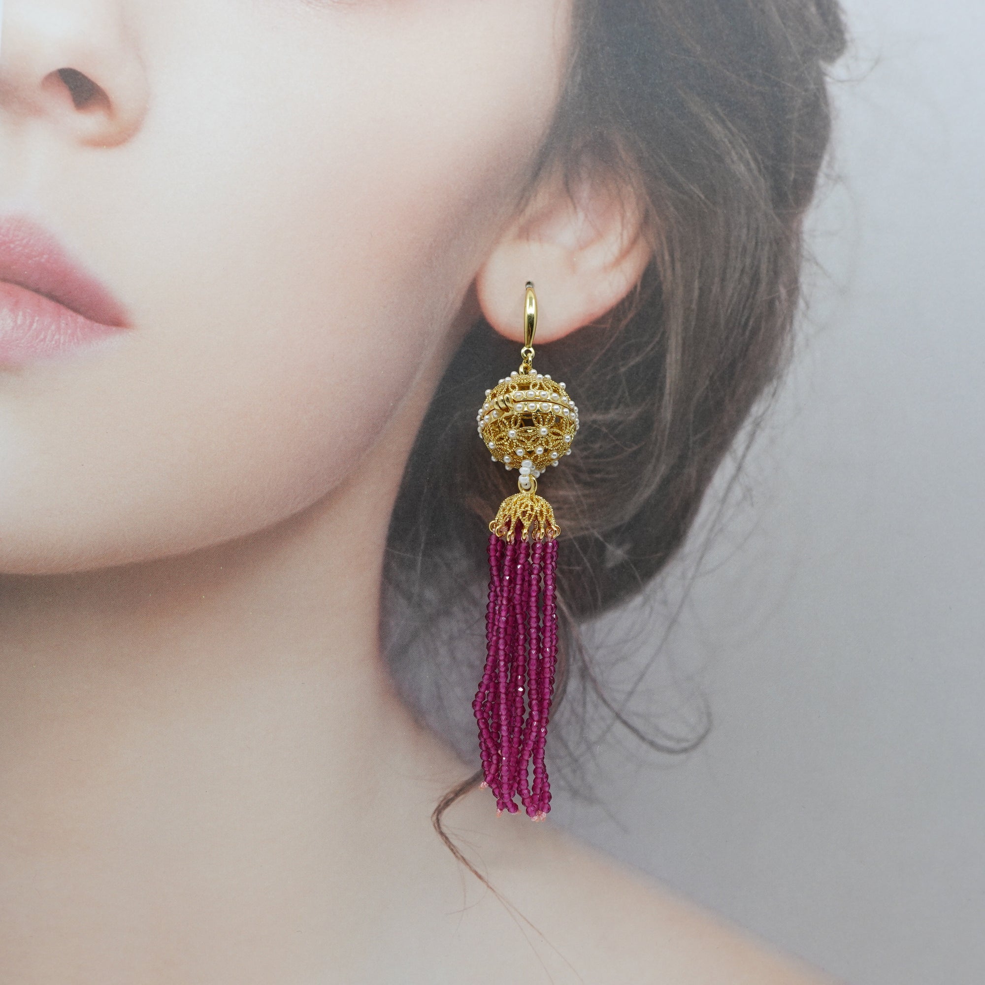 Herbal Locket Crystal Tassel Earrings - Fuchsia Zirconia - Yun Boutique