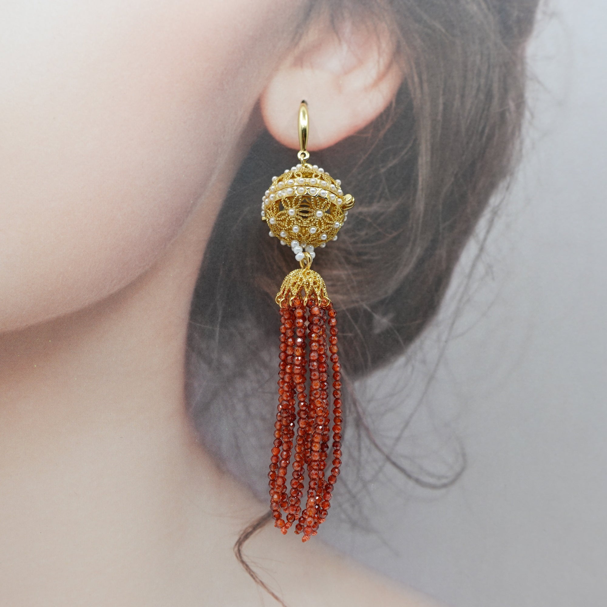 Herbal Locket Crystal Tassel Earrings - Carnelian Zirconia - Yun Boutique