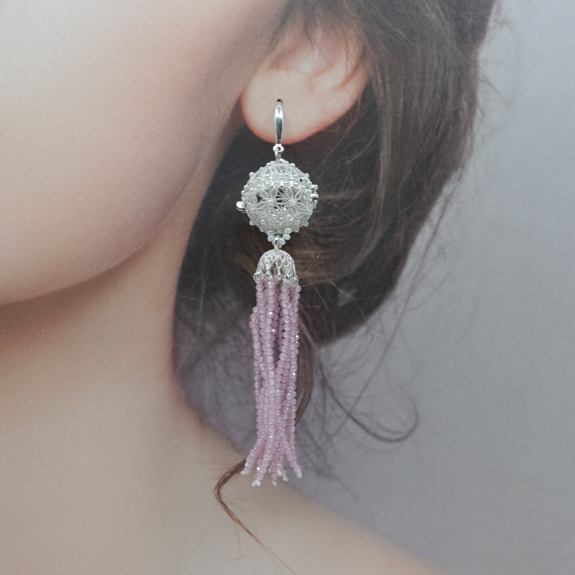 Herbal Locket Crystal Tassel Earrings - Pink Zirconia - Yun Boutique